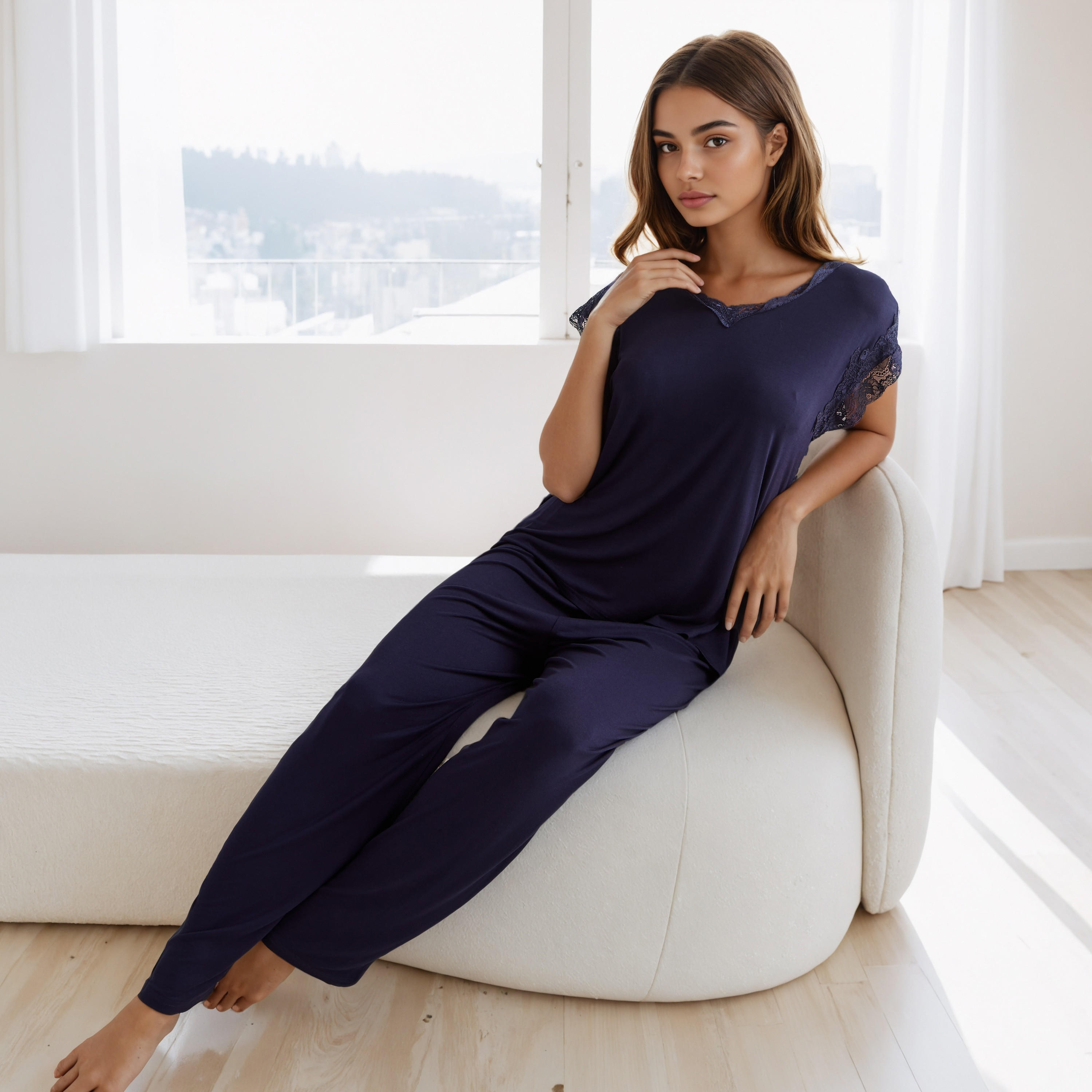 طقم بيجاما بتفاصيل دانتيل-women-clothing-nightwear-pyjamas-longsets-image-1