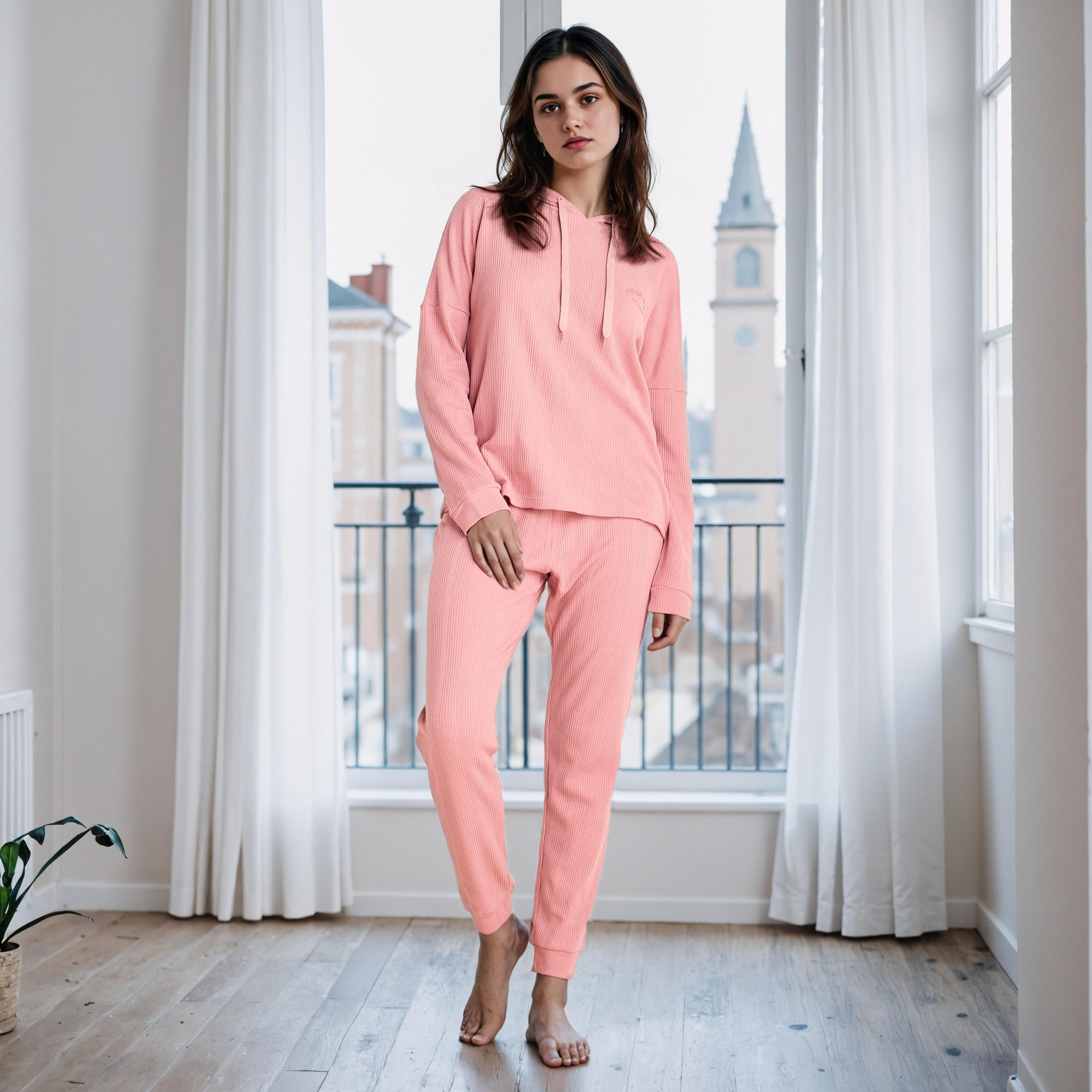 طقم بيجاما بنمط وافل بارز الملمس-women-clothing-nightwear-pyjamas-longsets-image-6