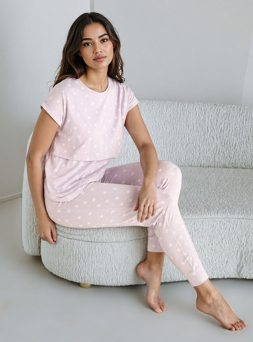 Printed Maternity Cotton Pyjama Set-women-clothing-maternity-nightwear-image-1