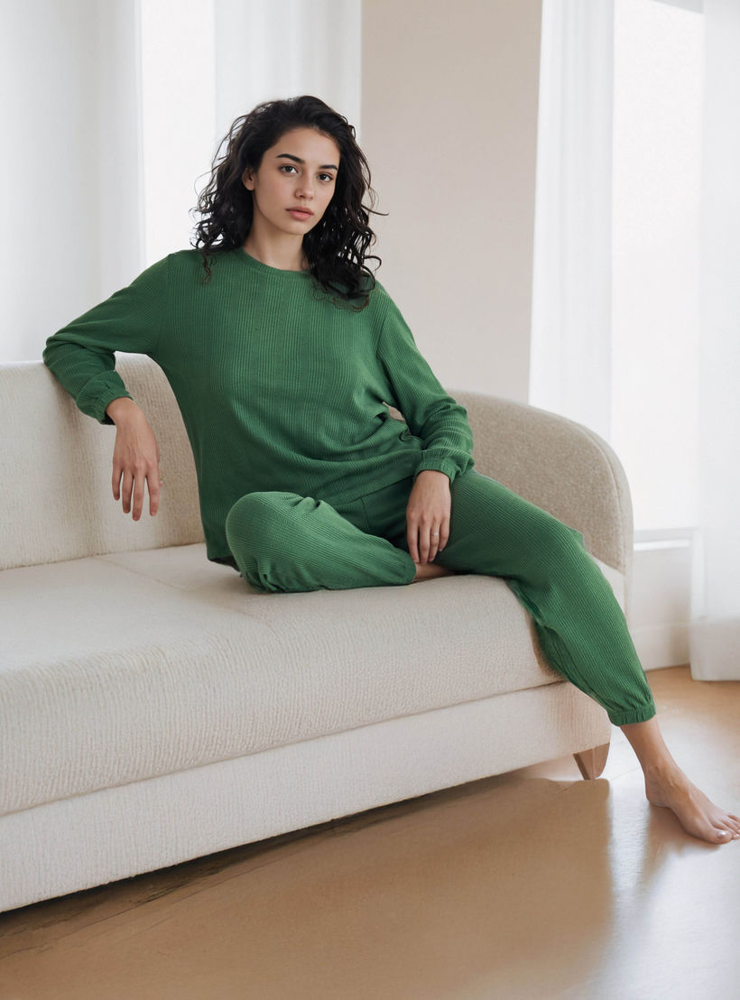 طقم بيجاما بنمط وافل بارز الملمس-women-clothing-nightwear-pyjamas-longsets-image-6