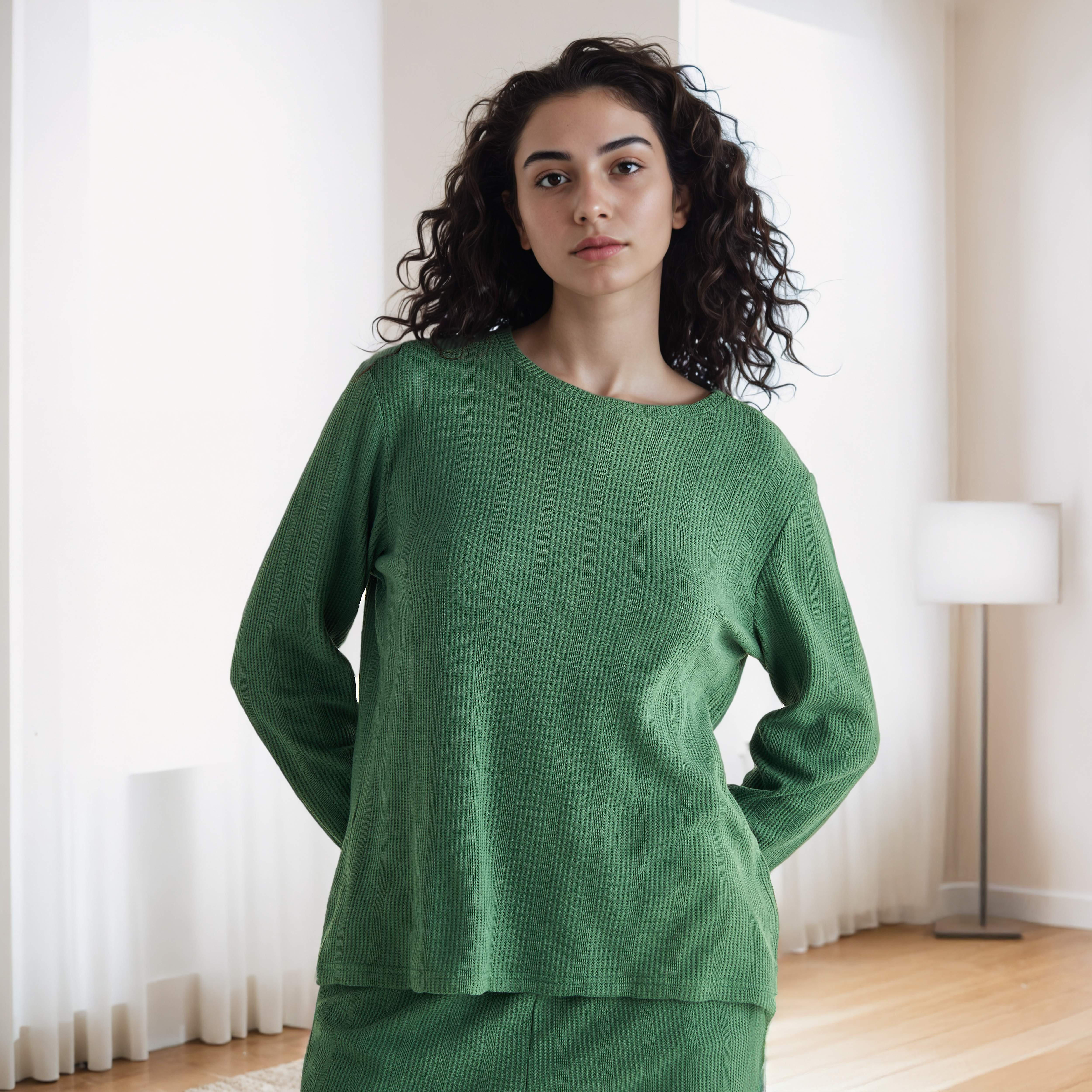 طقم بيجاما بنمط وافل بارز الملمس-women-clothing-nightwear-pyjamas-longsets-image-5