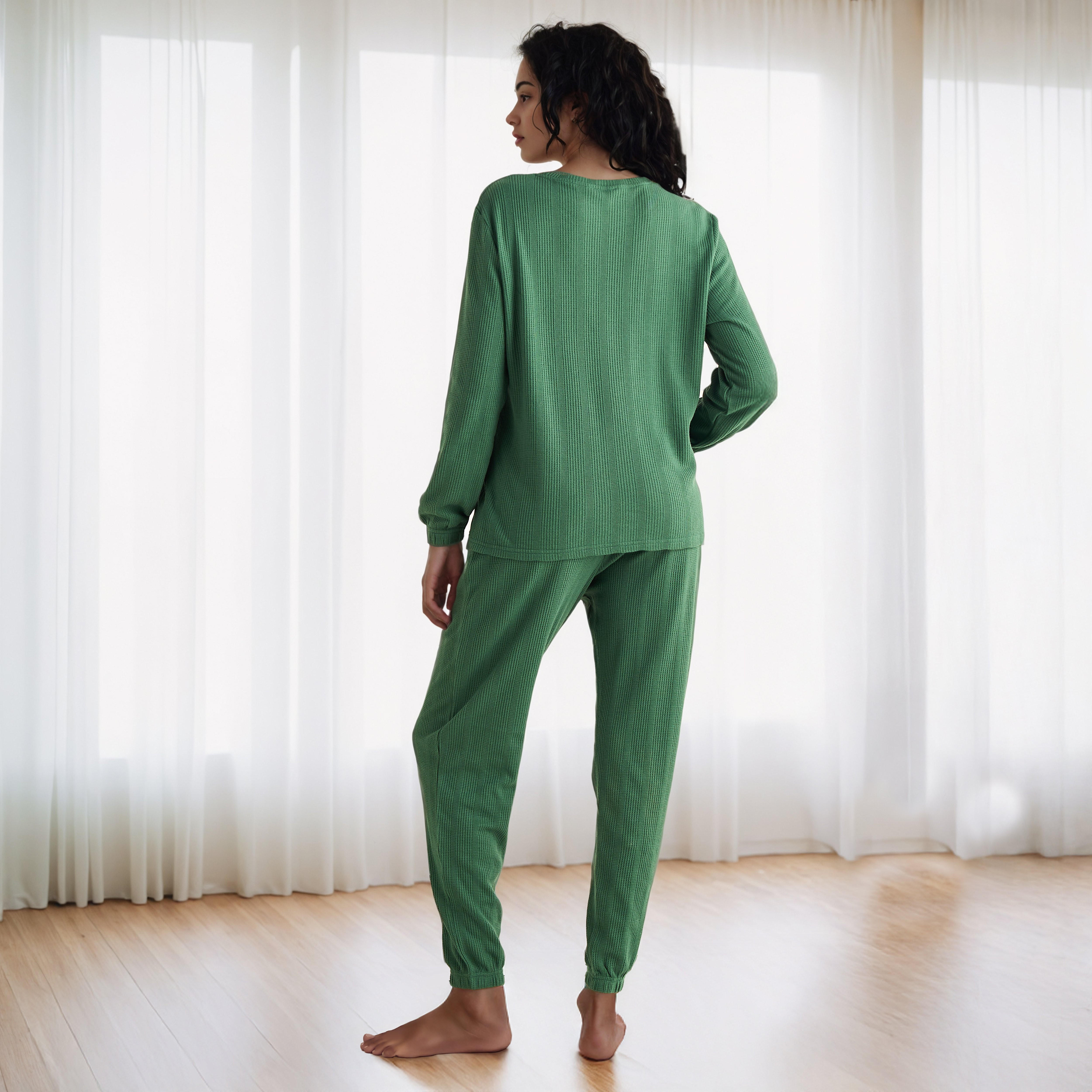 طقم بيجاما بنمط وافل بارز الملمس-women-clothing-nightwear-pyjamas-longsets-image-3