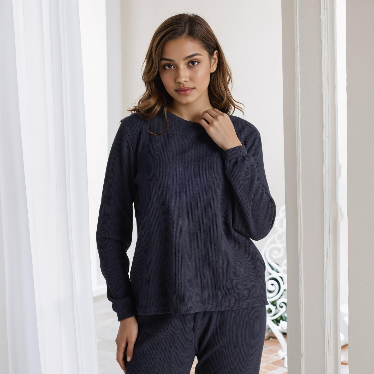 طقم بيجاما بنمط وافل بارز الملمس-women-clothing-nightwear-pyjamas-longsets-image-5