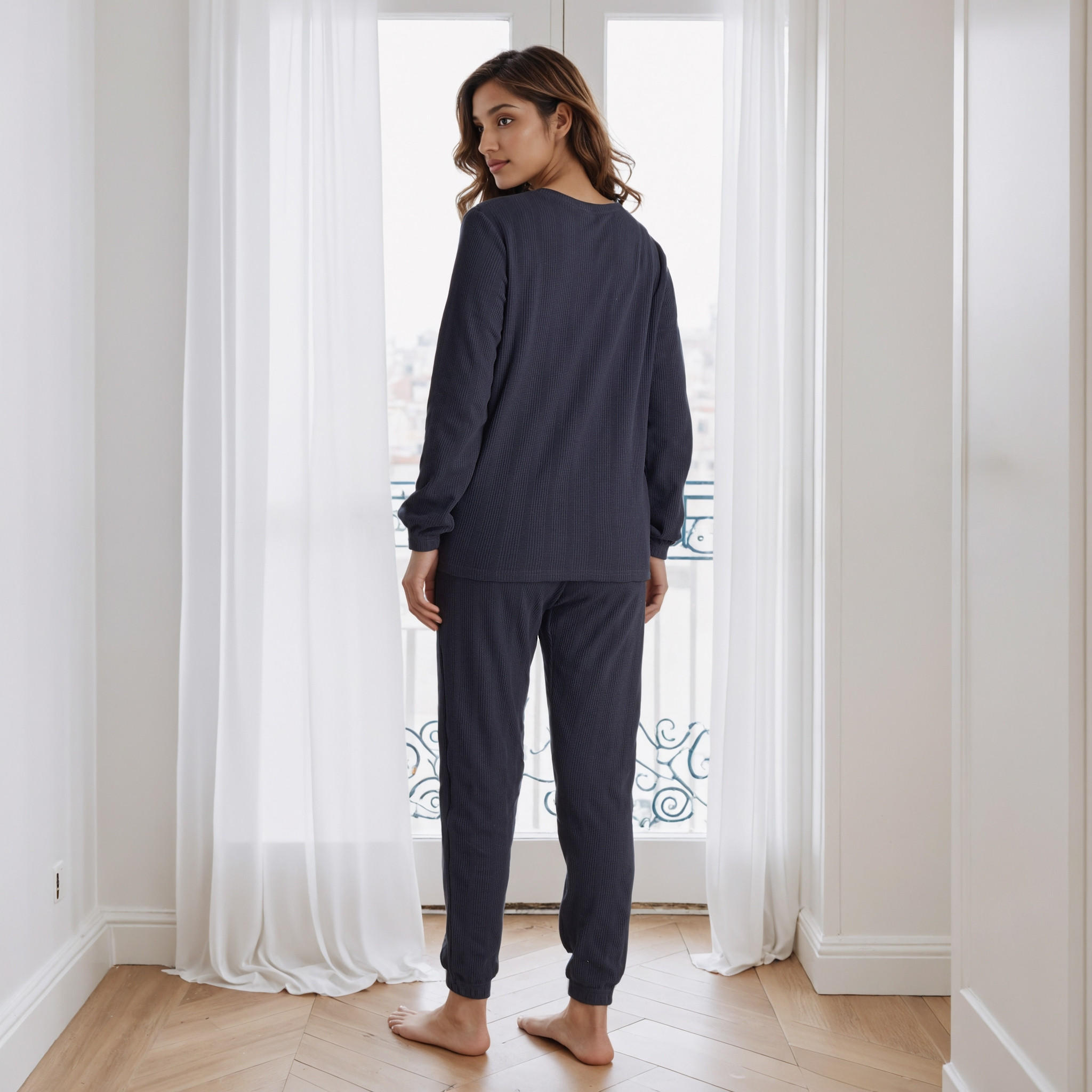 طقم بيجاما بنمط وافل بارز الملمس-women-clothing-nightwear-pyjamas-longsets-image-3