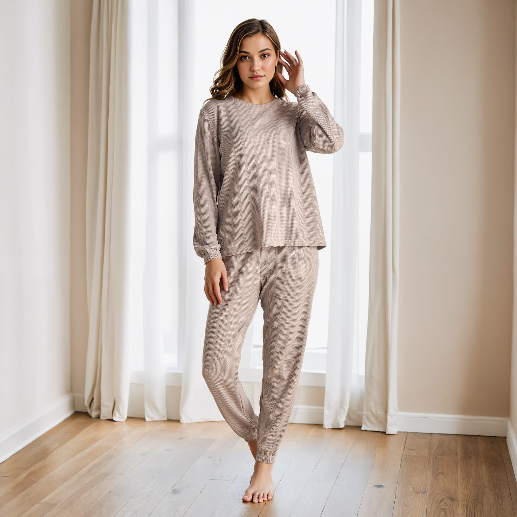 طقم بيجاما بنمط وافل بارز الملمس-women-clothing-nightwear-pyjamas-longsets-image-1