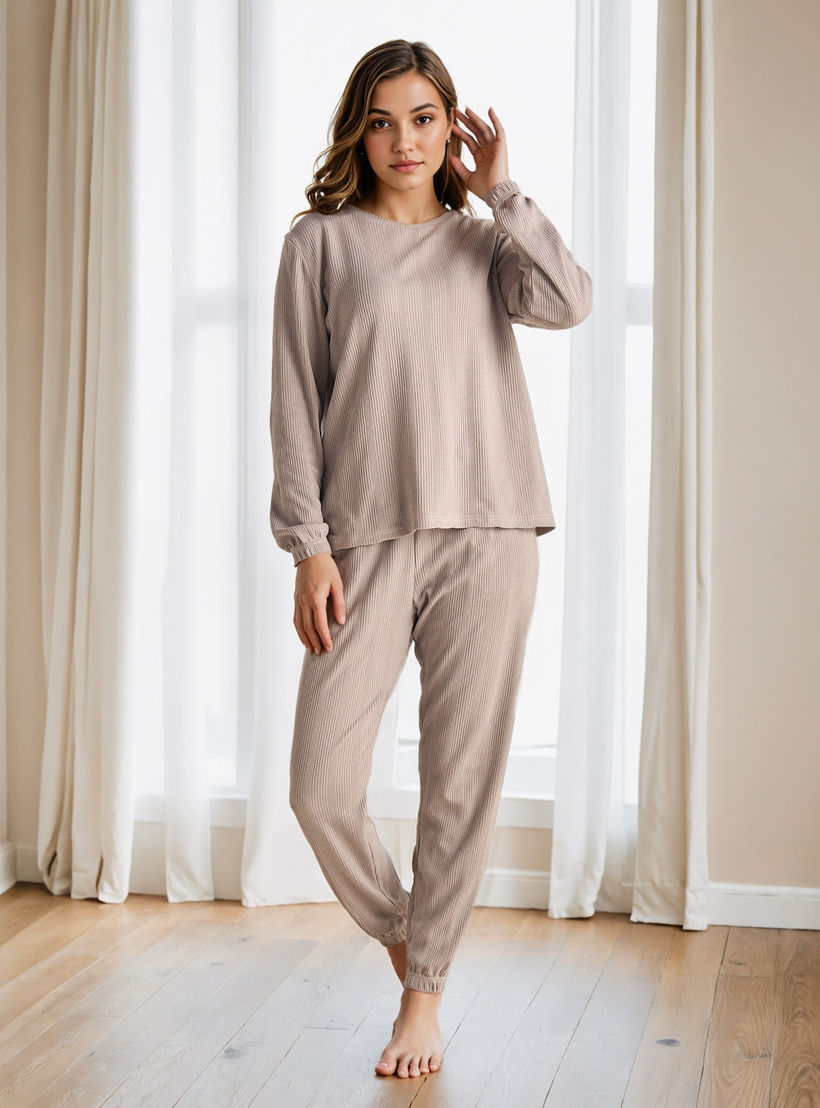 طقم بيجاما بنمط وافل بارز الملمس-women-clothing-nightwear-pyjamas-longsets-image-1