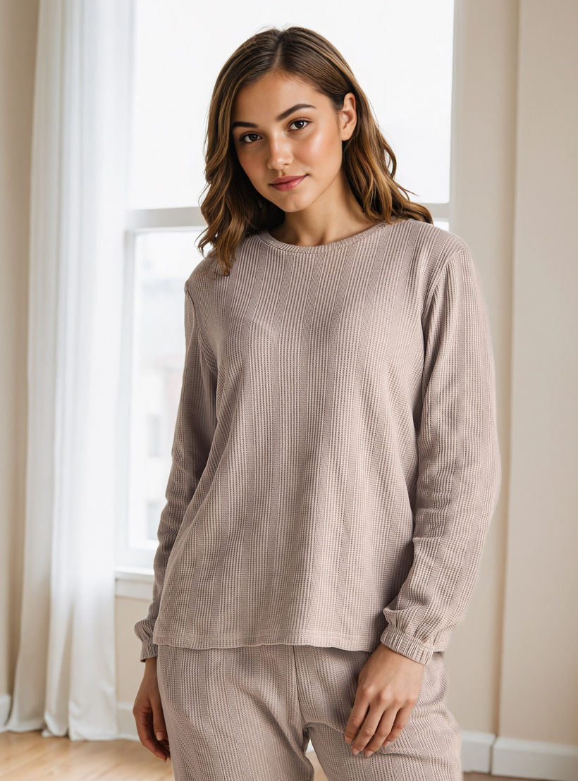 طقم بيجاما بنمط وافل بارز الملمس-women-clothing-nightwear-pyjamas-longsets-image-2