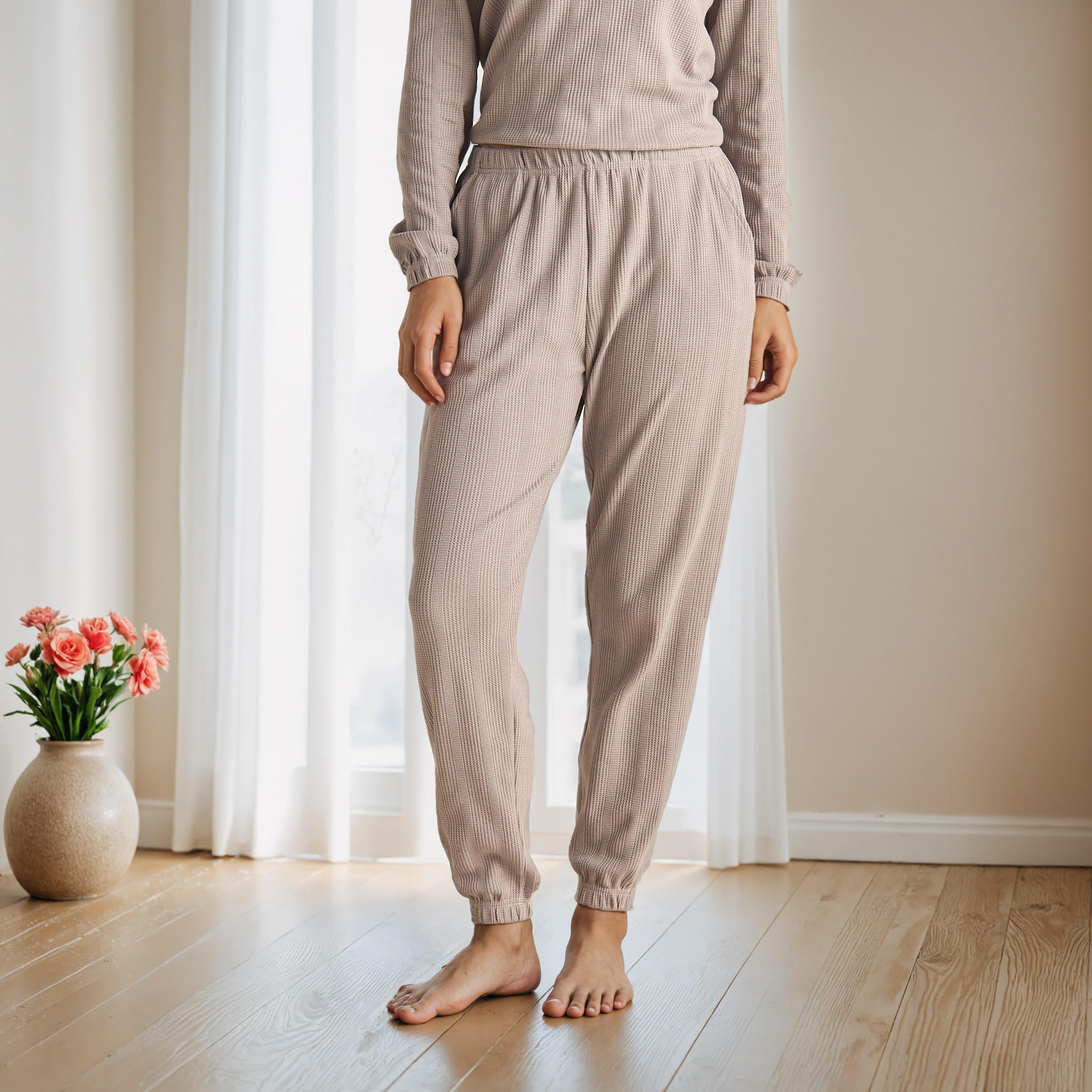 طقم بيجاما بنمط وافل بارز الملمس-women-clothing-nightwear-pyjamas-longsets-image-3