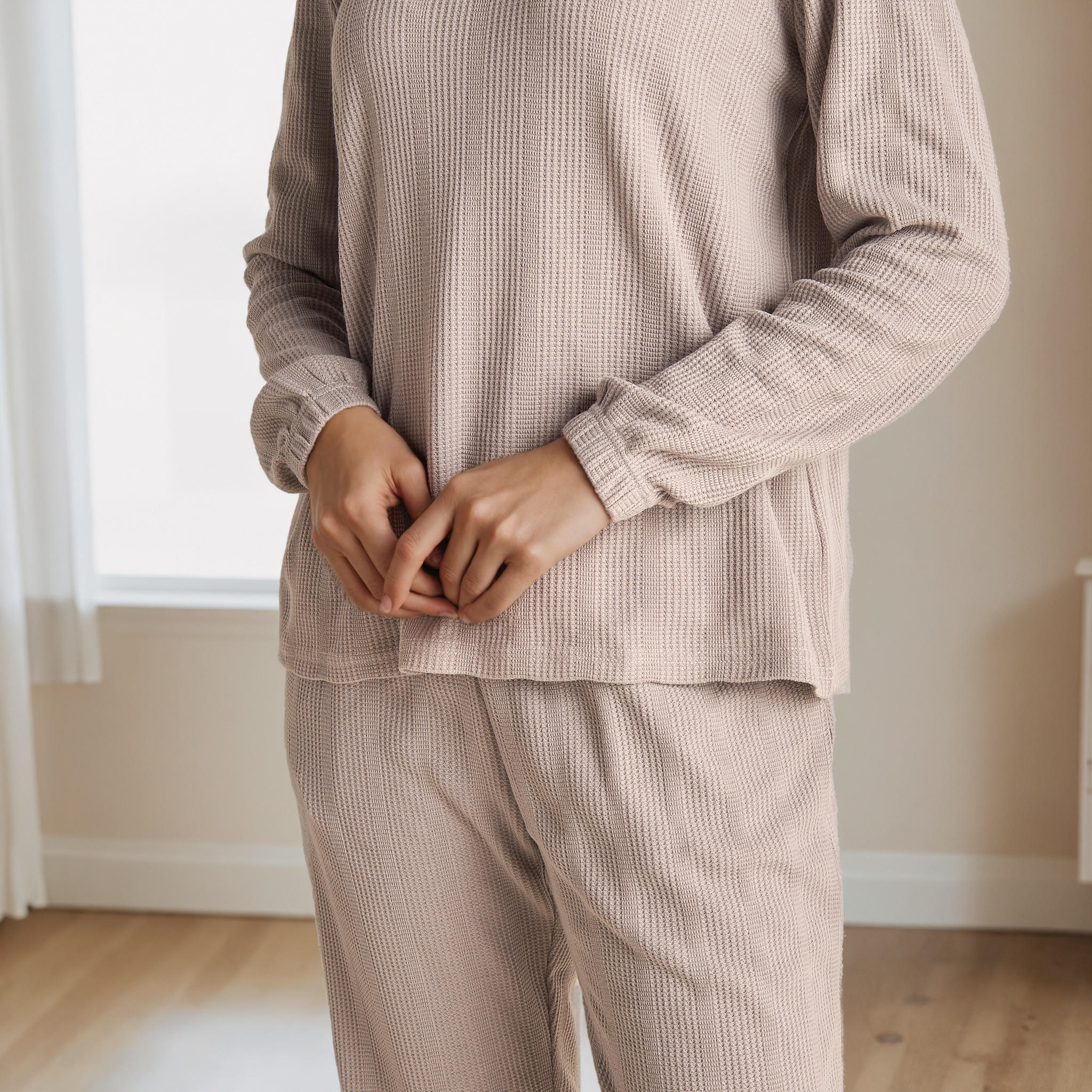 طقم بيجاما بنمط وافل بارز الملمس-women-clothing-nightwear-pyjamas-longsets-image-5