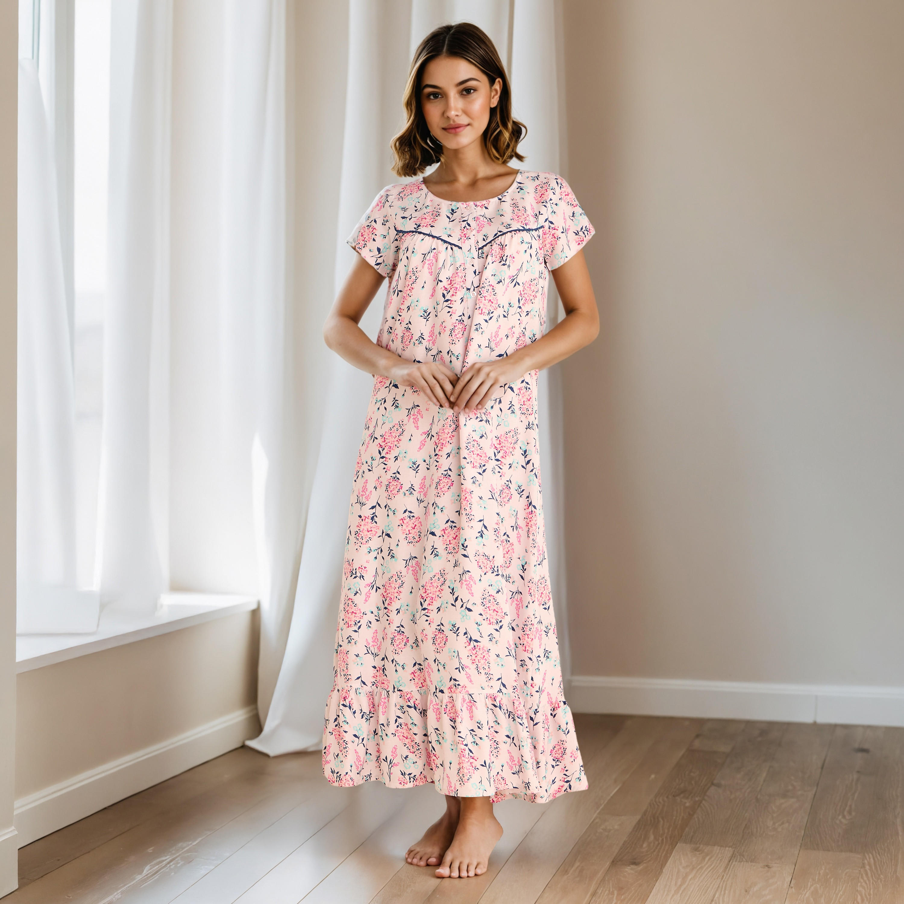 Floral Print Viscose Night Gown-women-clothing-nightwear-nighties-image-1