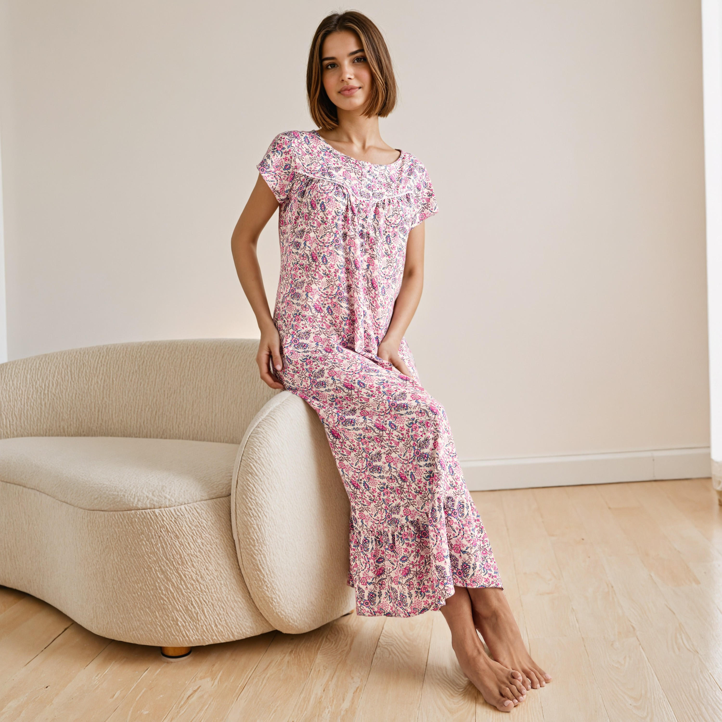 Floral Print Viscose Night Gown-women-clothing-nightwear-nighties-image-1