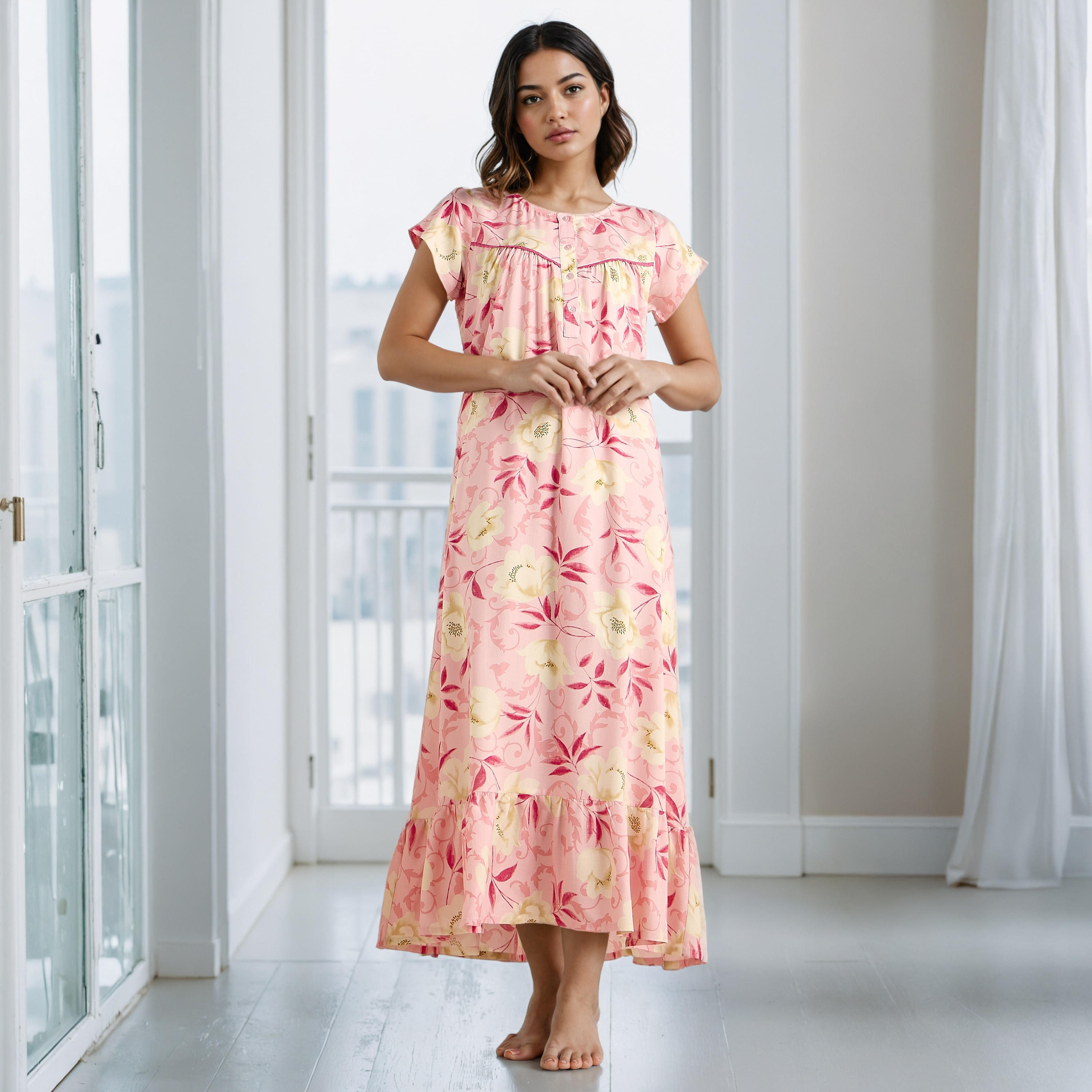 Floral Print Viscose Night Gown-women-clothing-nightwear-nighties-image-1