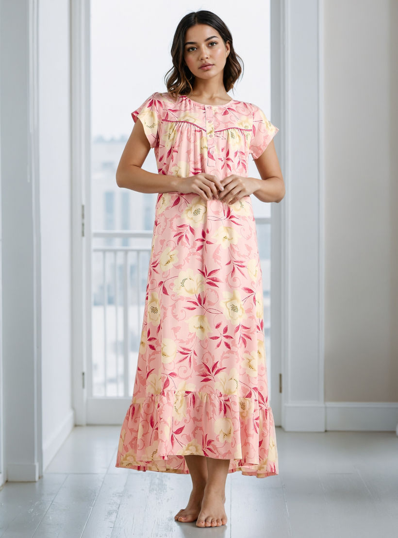 Floral Print Viscose Night Gown-women-clothing-nightwear-nighties-image-1