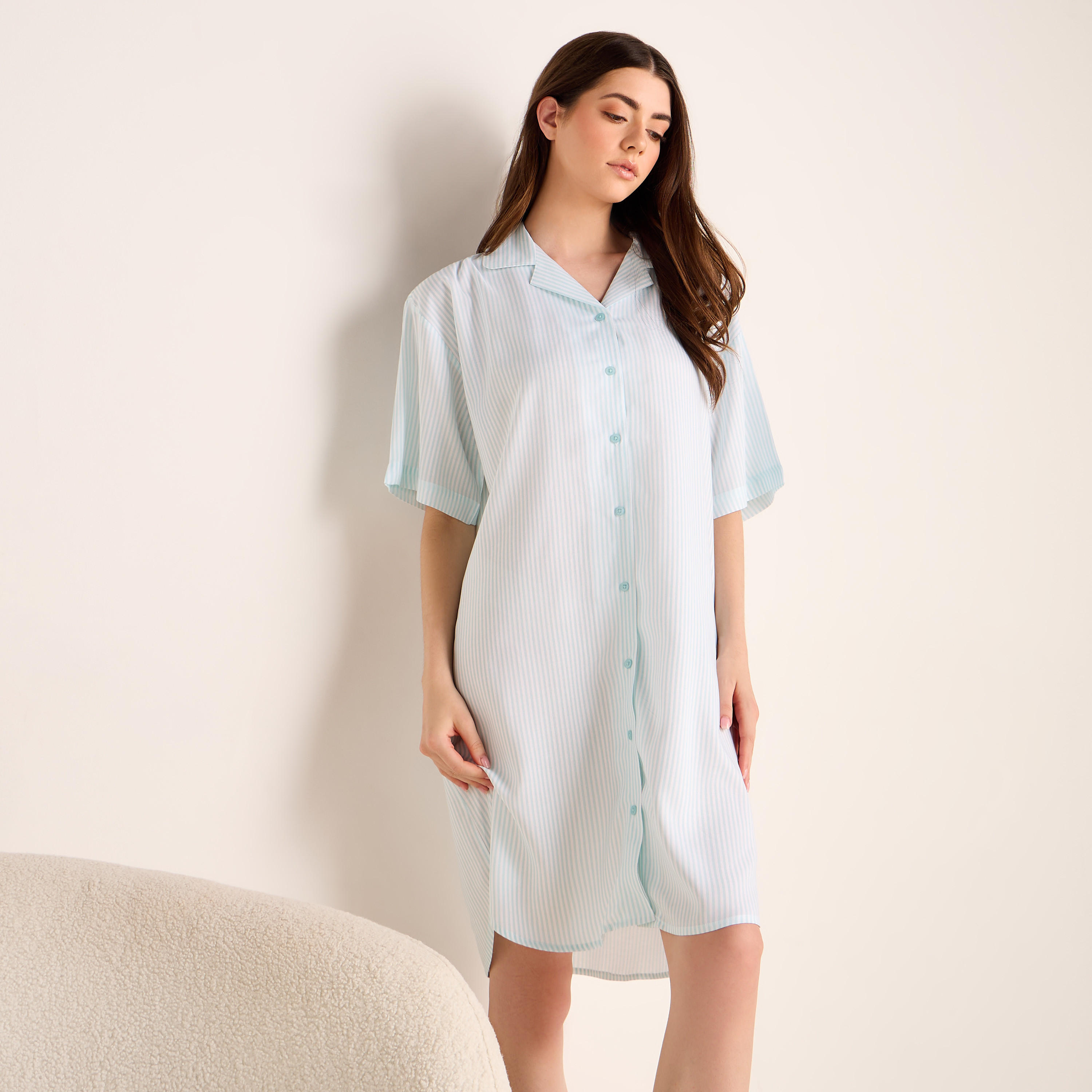 Striped Notch Collar Viscose Sleepshirt-women-clothing-nightwear-nighties-image-1