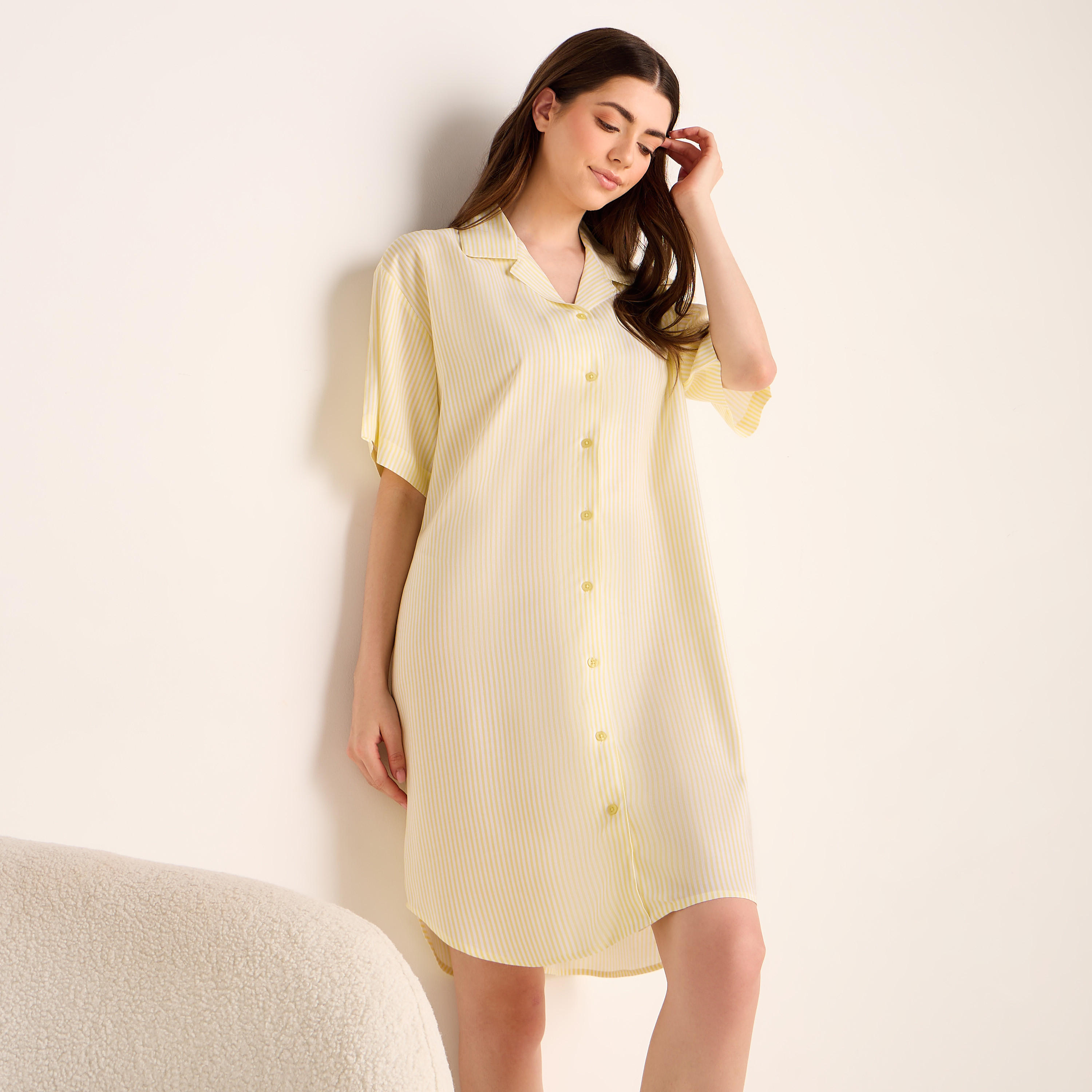 Striped Notch Collar Viscose Sleepshirt-women-clothing-nightwear-nighties-image-1