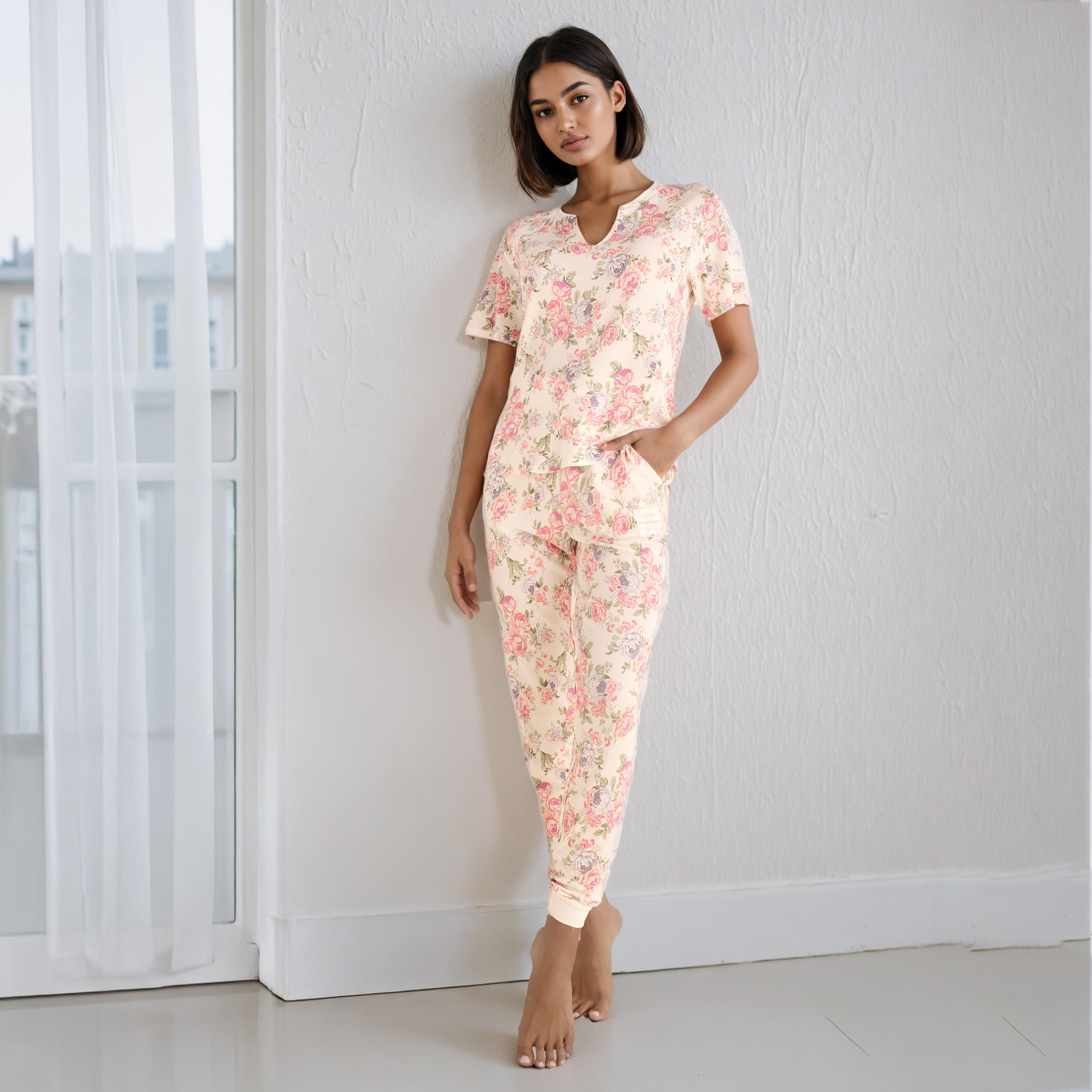 Floral Print Waffle Pyjama Set-women-clothing-nightwear-pyjamas-longsets-image-1