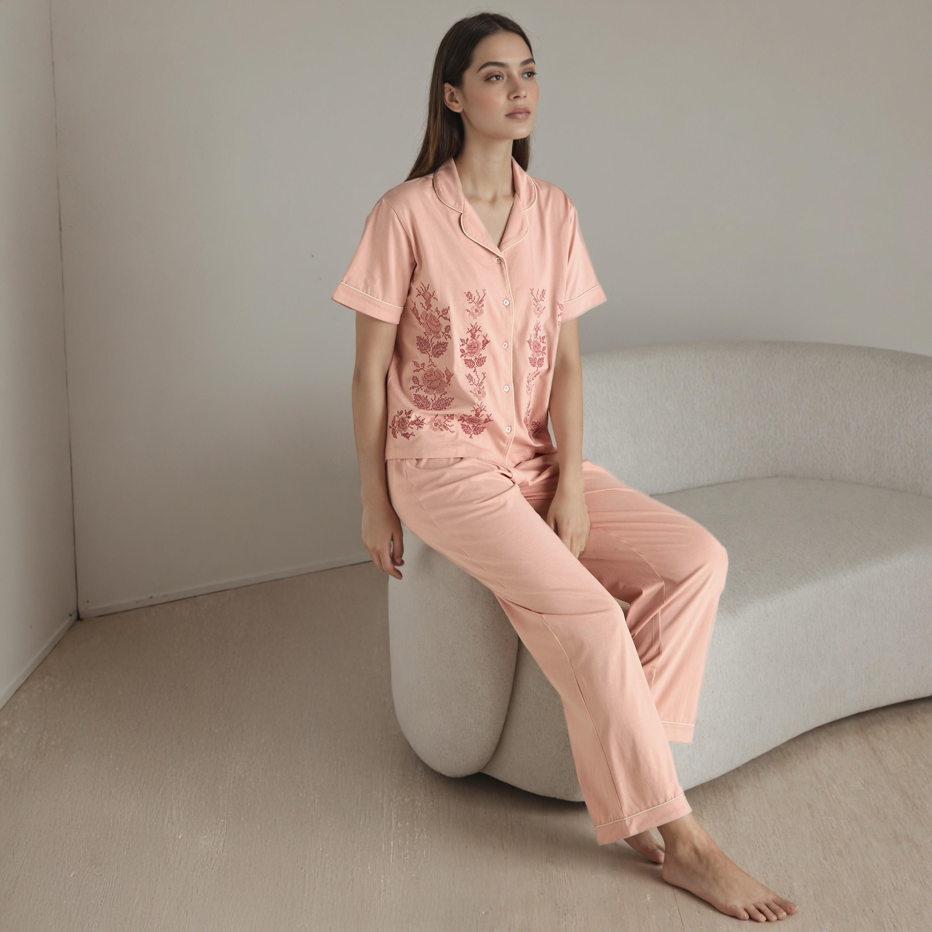 طقم بيجاما قطن بتطريزات زهرية-women-clothing-nightwear-pyjamas-longsets-image-6