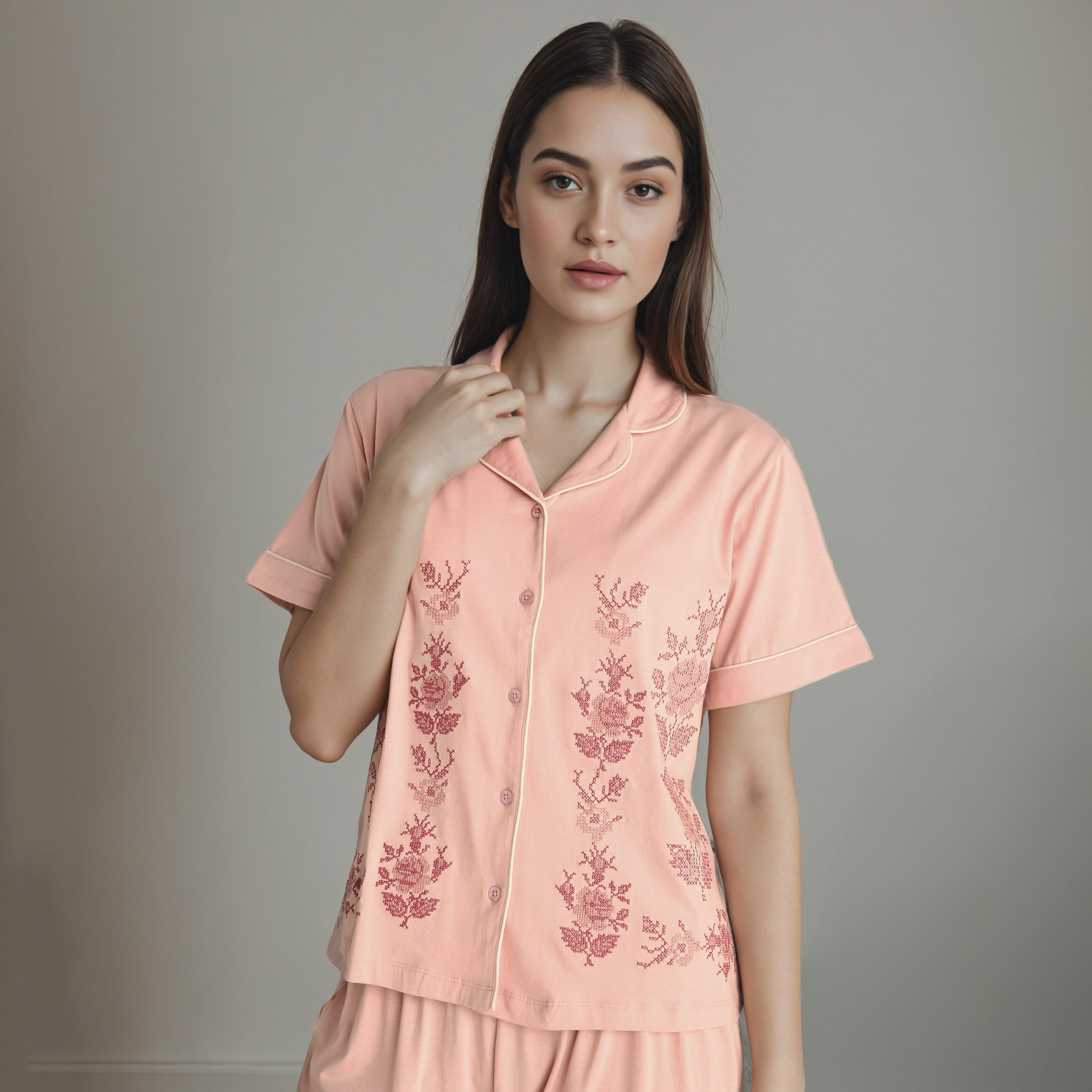طقم بيجاما قطن بتطريزات زهرية-women-clothing-nightwear-pyjamas-longsets-image-5