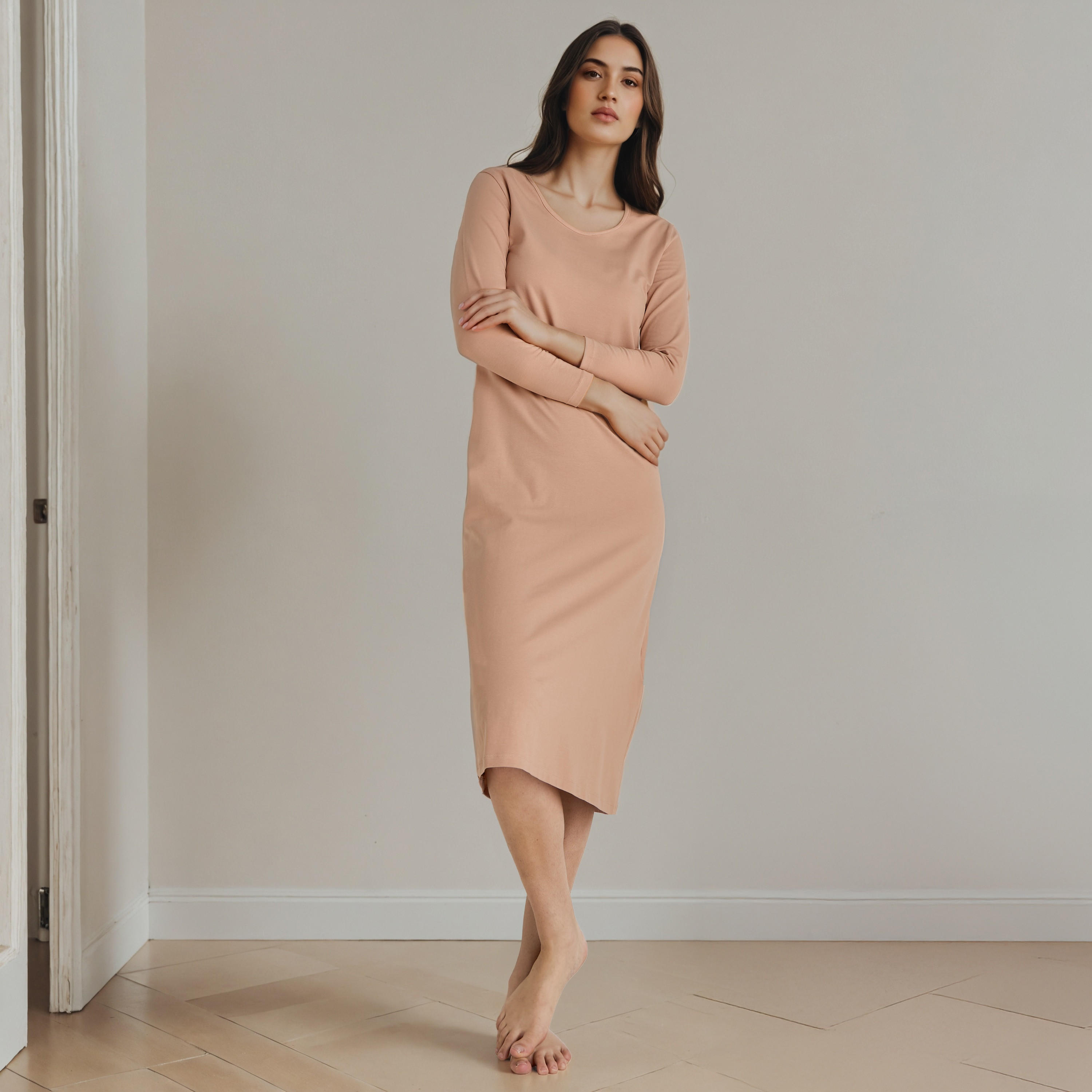 Long Sleeves Night Dress with Back Slit-women-clothing-nightwear-nighties-image-1