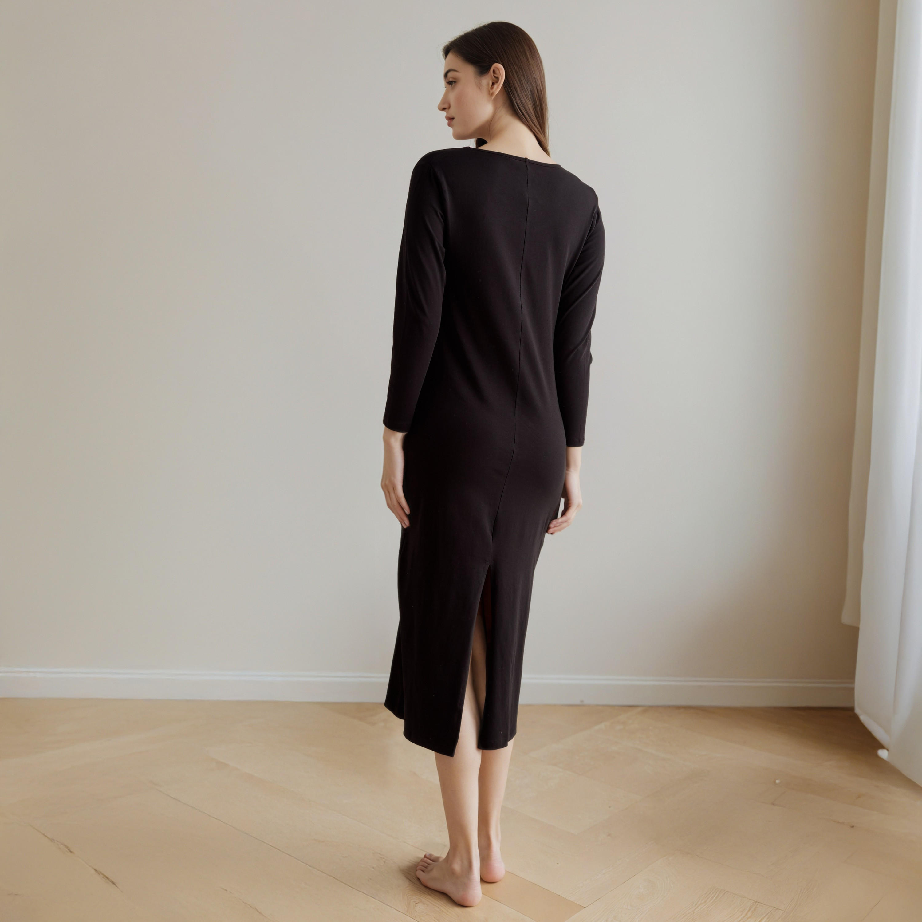 Long Sleeves Night Dress with Back Slit-women-clothing-nightwear-nighties-image-2