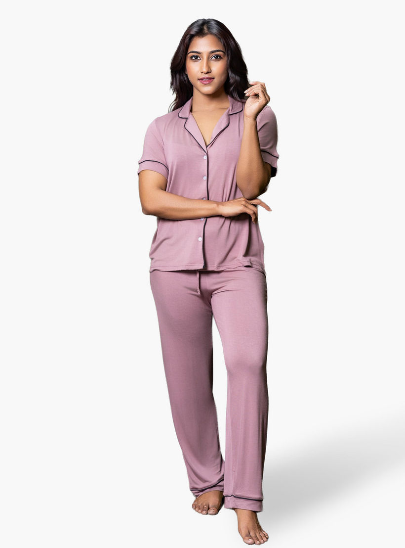 Aadaraya Pyjama Set Shirt and Pants Rayon-women-clothing-nightwear-pyjamas-longsets-image-1