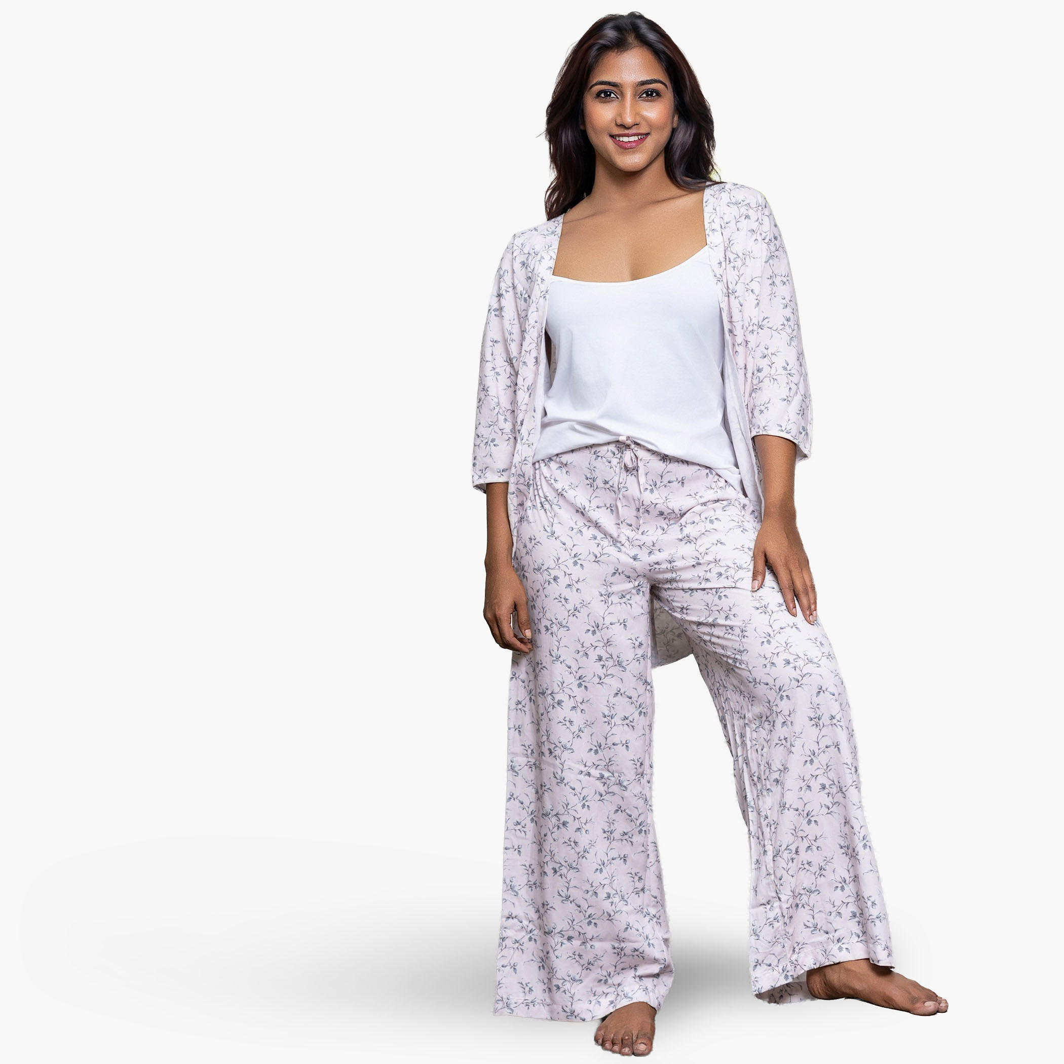 طقم بيجاما كيمونو مع بلوزة كامي وبنطلون من آدارايا-women-clothing-nightwear-pyjamas-longsets-image-3