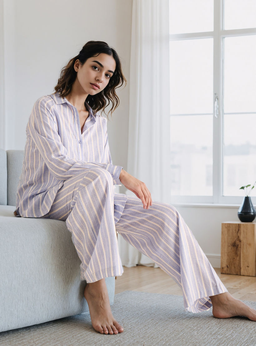 Pyjama Set Button-Down Linen Blend Shirt & Trousers-women-clothing-nightwear-pyjamas-longsets-image-1