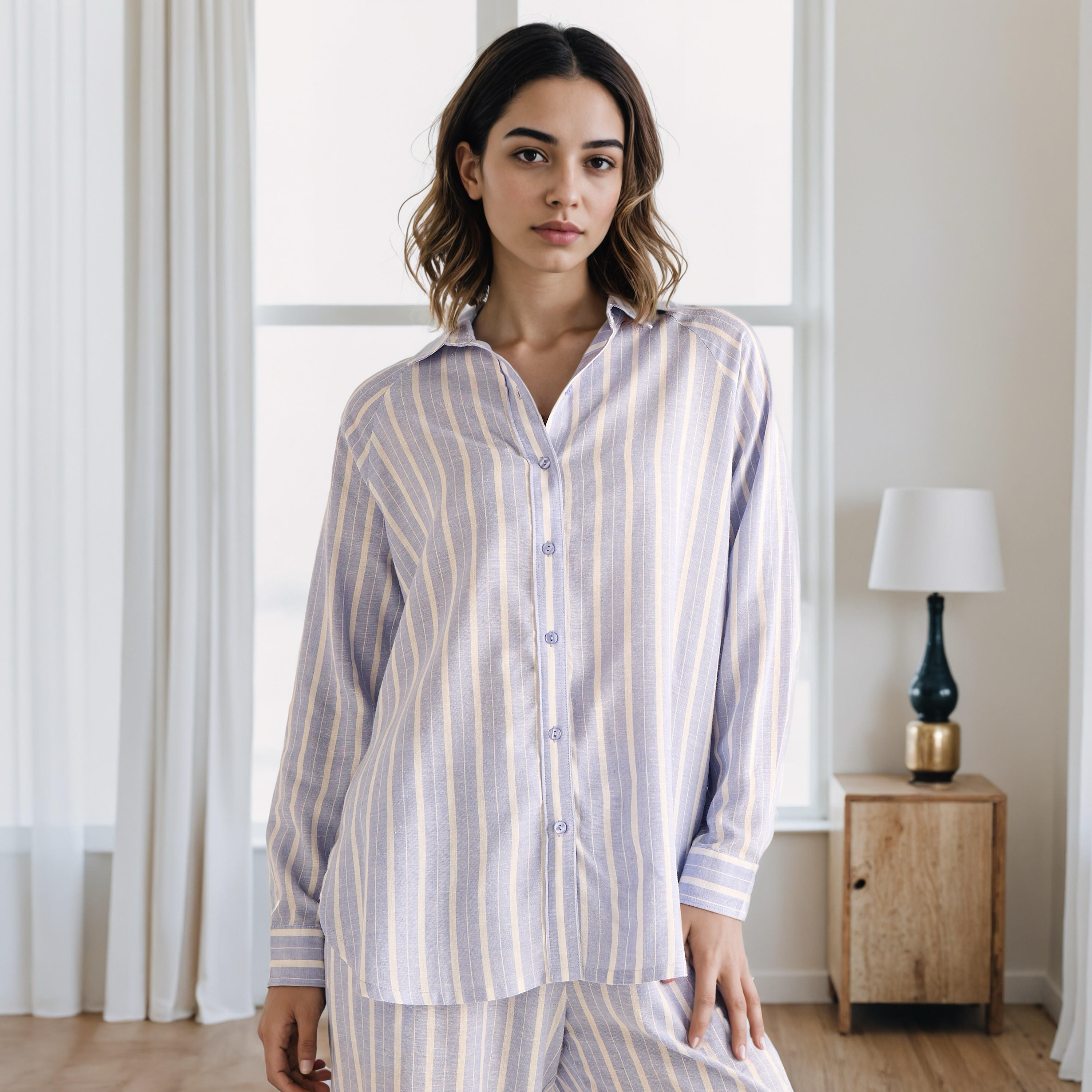 Pyjama Set Button-Down Linen Blend Shirt & Trousers-women-clothing-nightwear-pyjamas-longsets-image-3