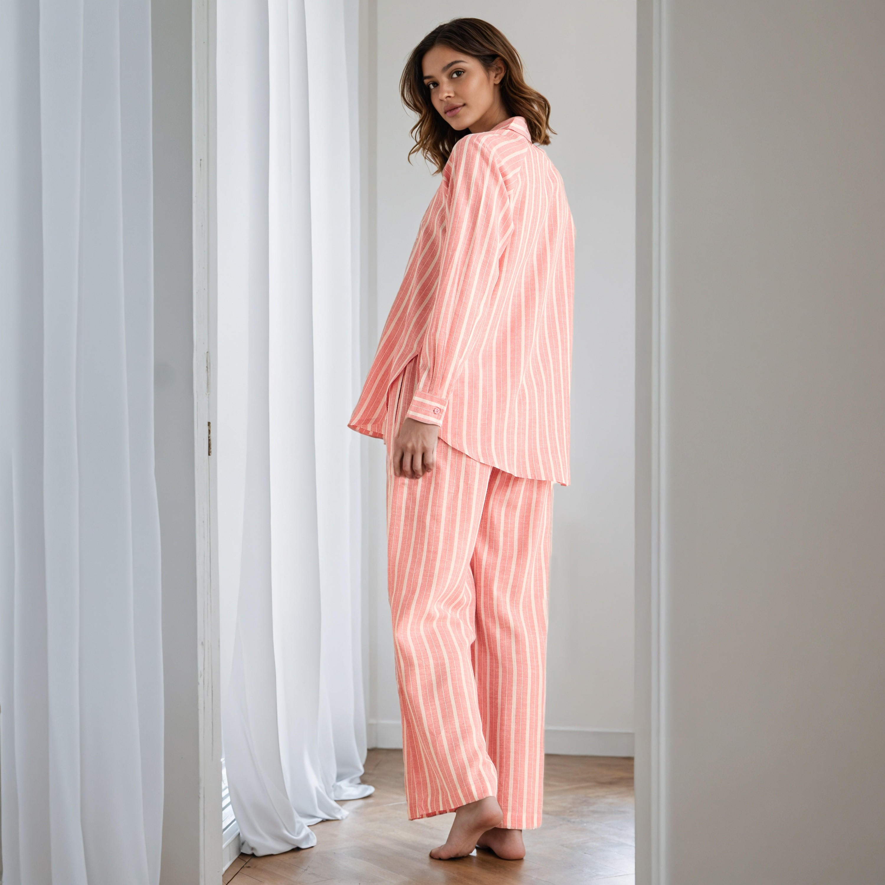 Pyjama Set Button-Down Linen Blend Shirt & Trousers-women-clothing-nightwear-pyjamas-longsets-image-2