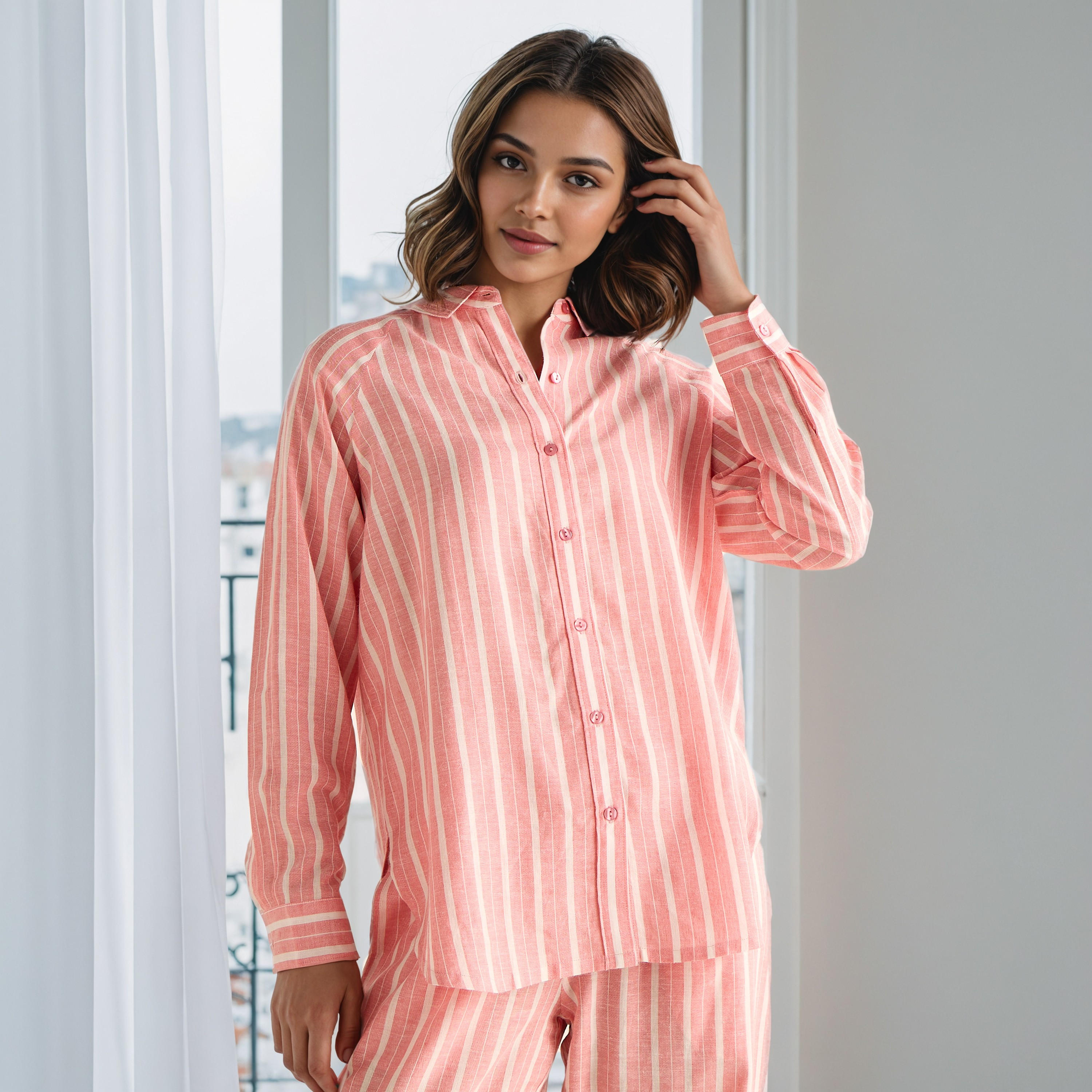 Pyjama Set Button-Down Linen Blend Shirt & Trousers-women-clothing-nightwear-pyjamas-longsets-image-3