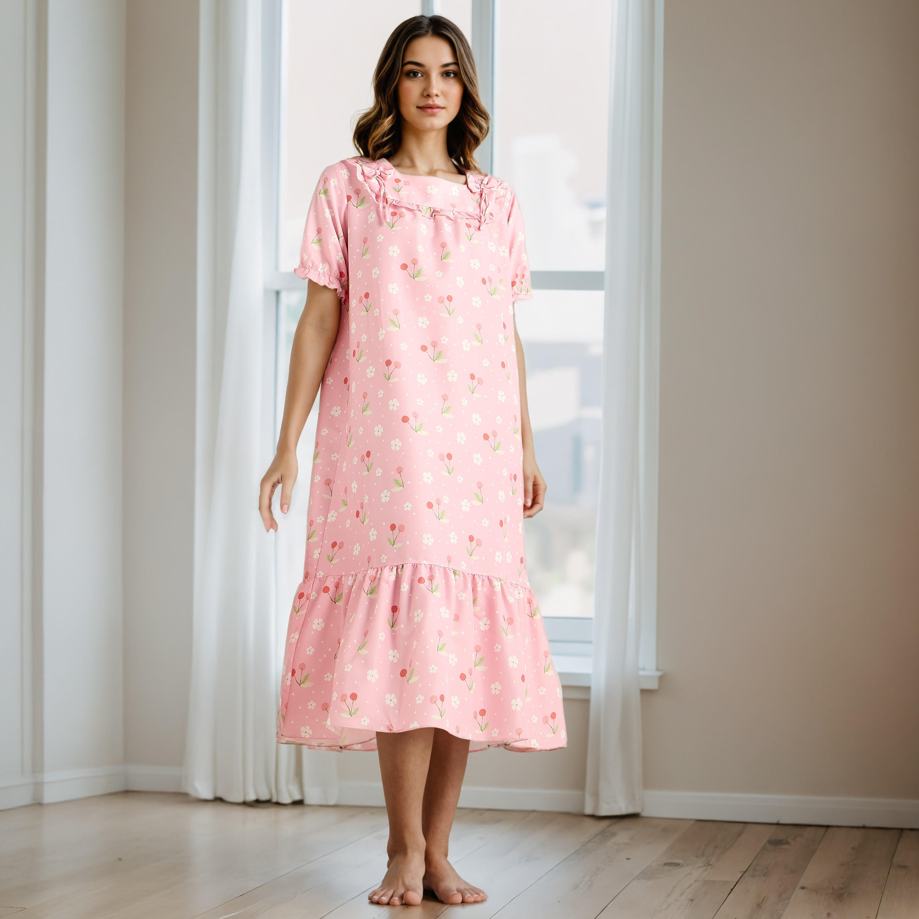 Floral Print Square Neck Night Dress-women-clothing-nightwear-nighties-image-1
