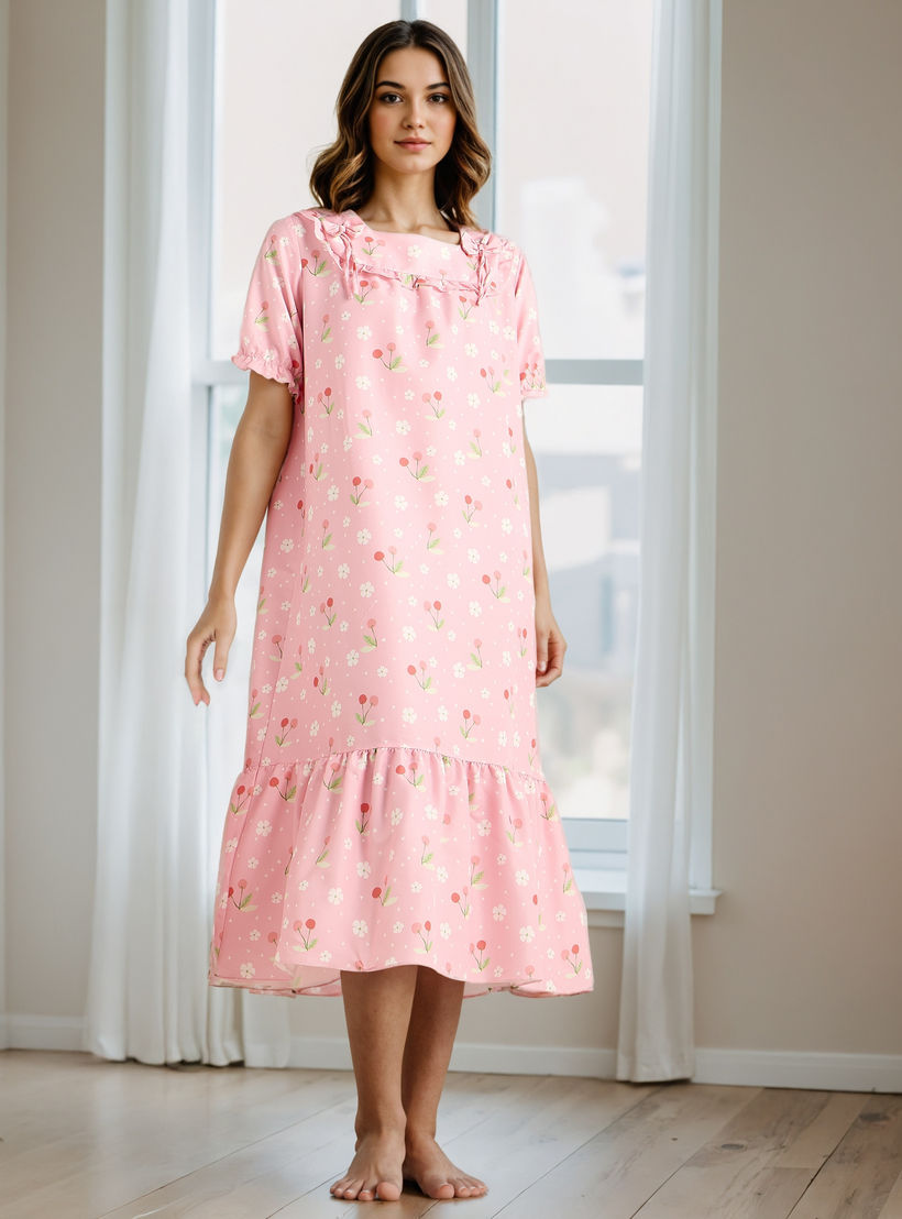 Floral Print Square Neck Night Dress-women-clothing-nightwear-nighties-image-1