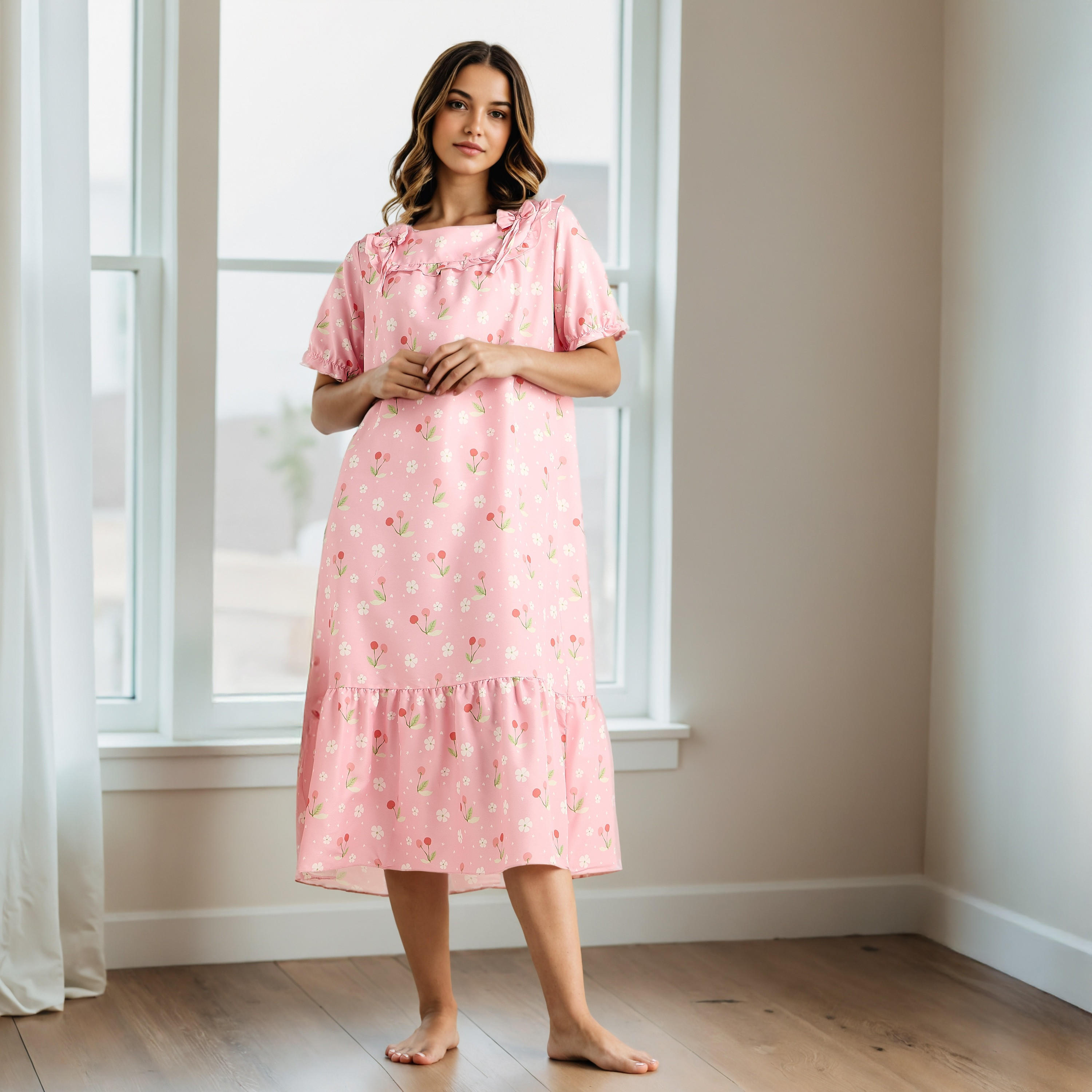 Floral Print Square Neck Night Dress-women-clothing-nightwear-nighties-image-2
