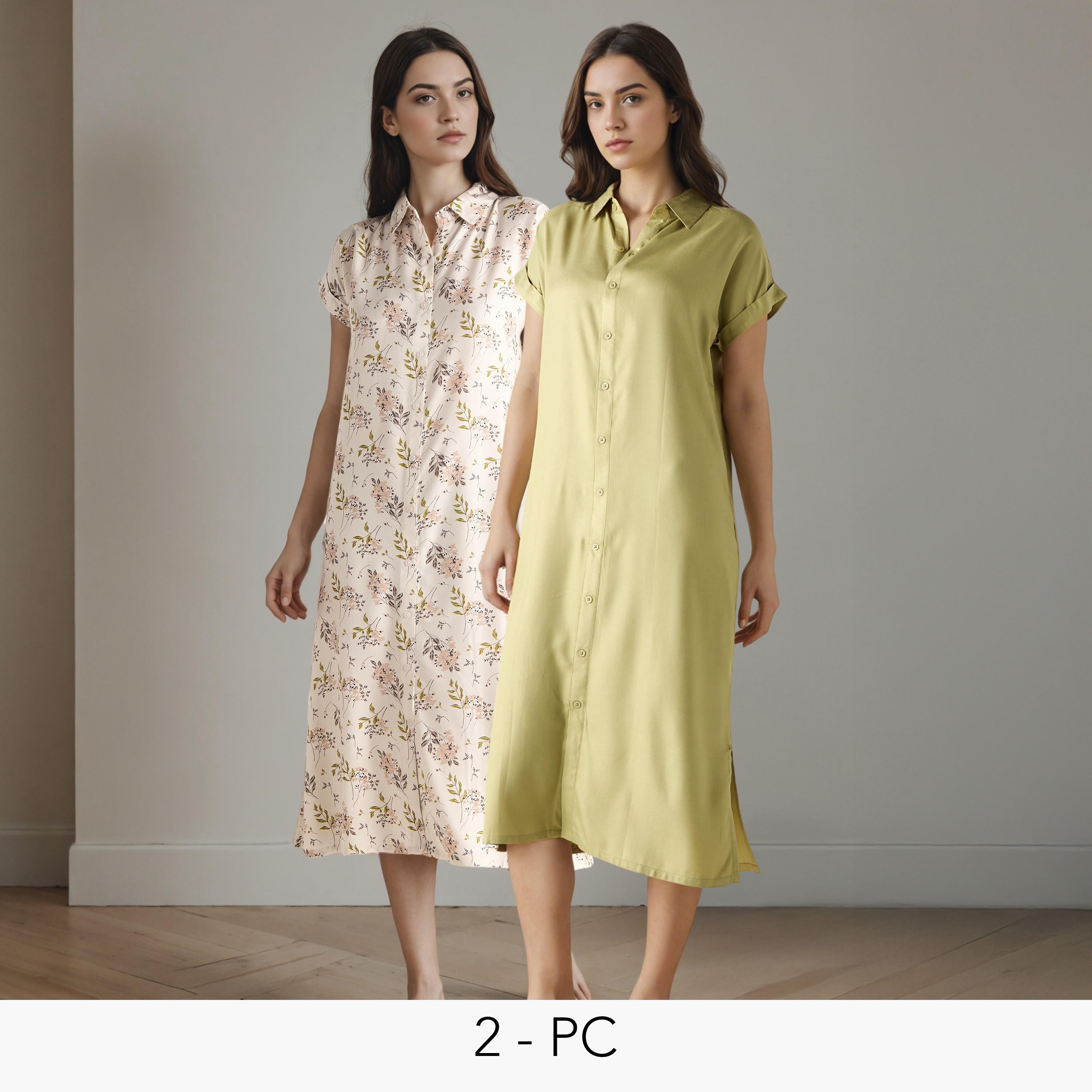فساتين نوم متنوعة بياقة عادية وأزرار - طقم من 2-women-clothing-nightwear-nighties-image-1
