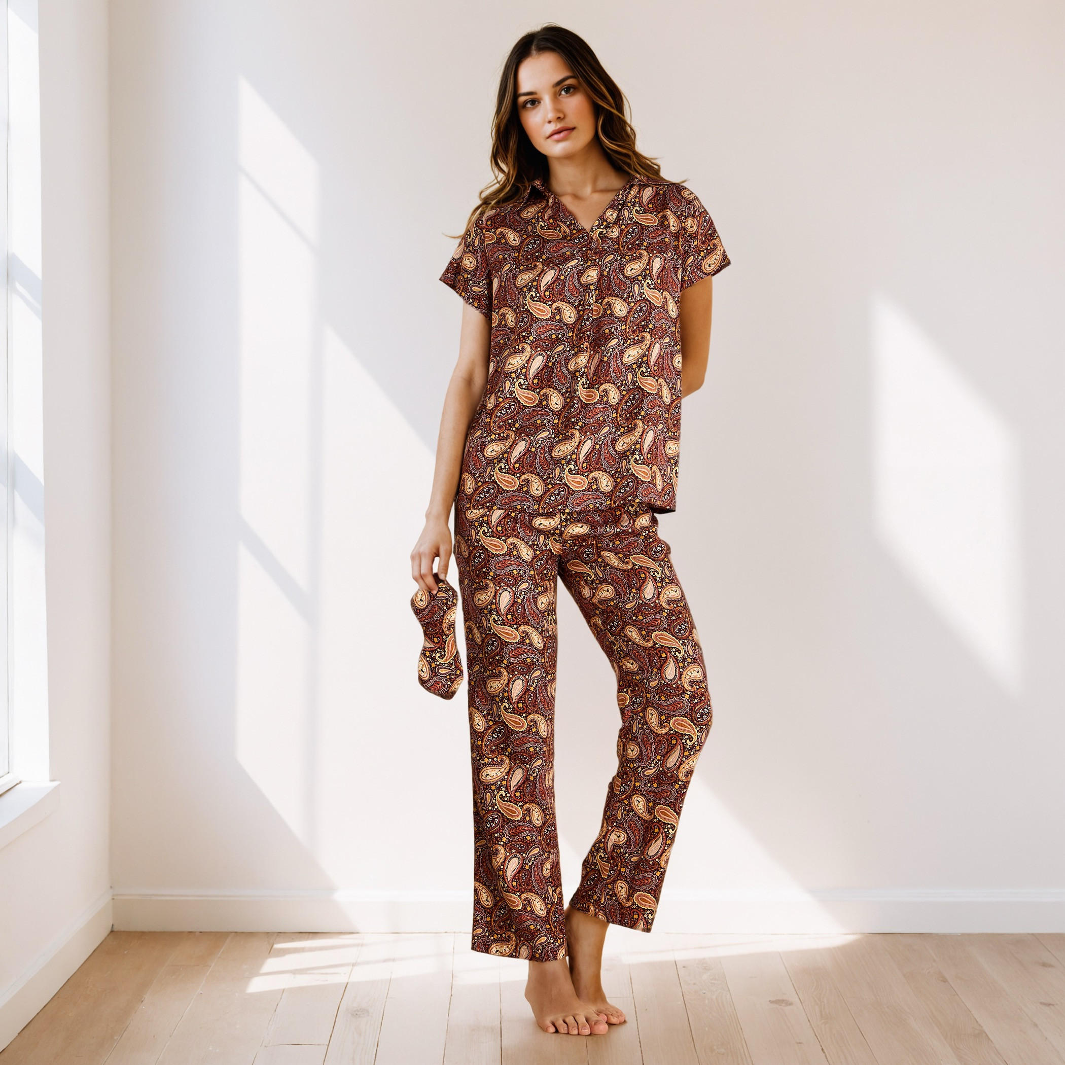 Paisley Print Top with Pyjama and Eye Mask Set-women-clothing-nightwear-pyjamas-longsets-image-1