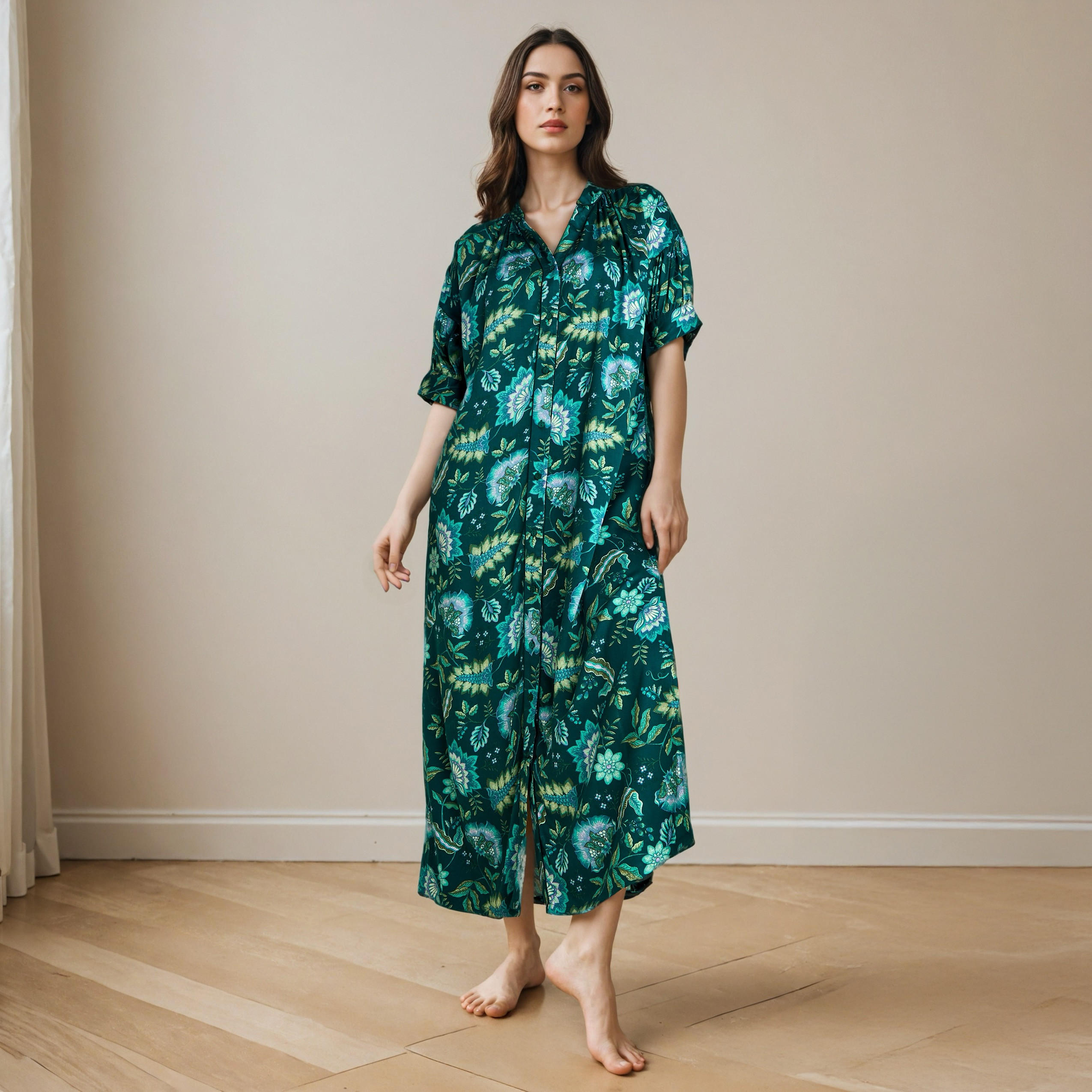 Floral Print Collared Viscose Night Dress-women-clothing-nightwear-nighties-image-1
