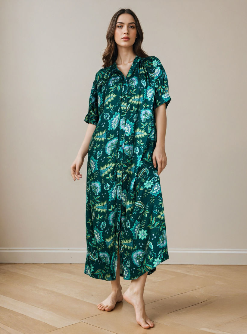 Floral Print Collared Viscose Night Dress-women-clothing-nightwear-nighties-image-1
