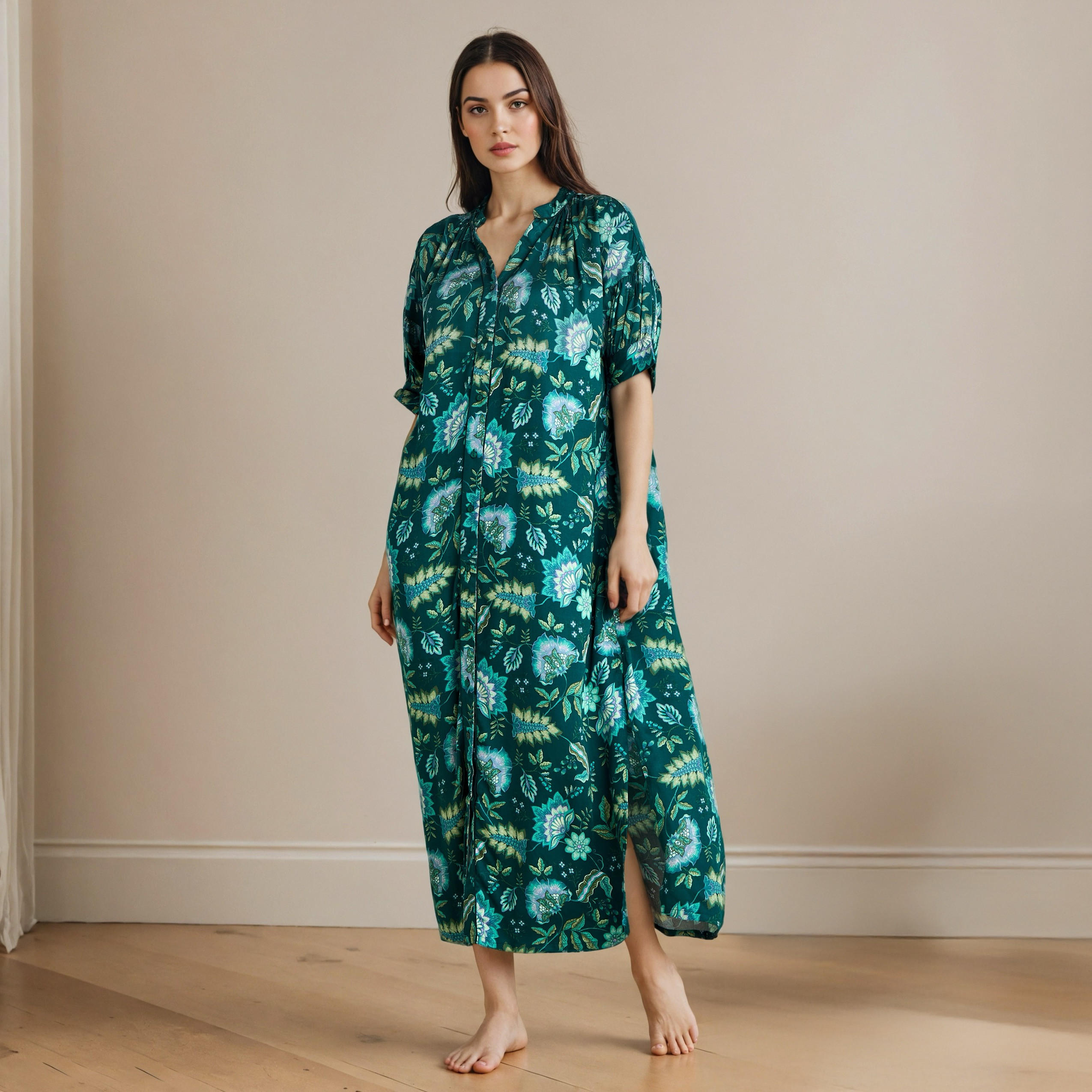 Floral Print Collared Viscose Night Dress-women-clothing-nightwear-nighties-image-2