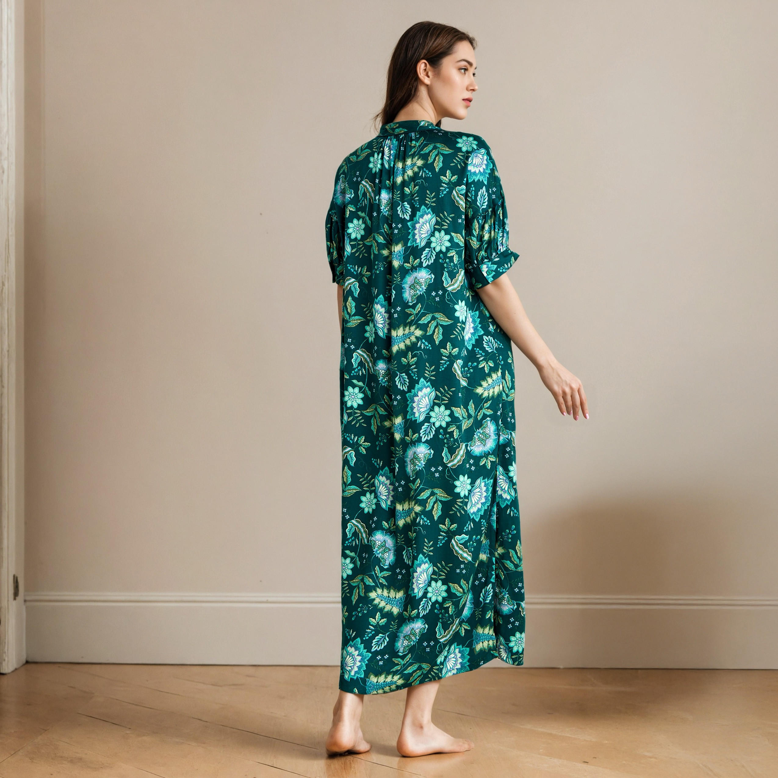 Floral Print Collared Viscose Night Dress-women-clothing-nightwear-nighties-image-3