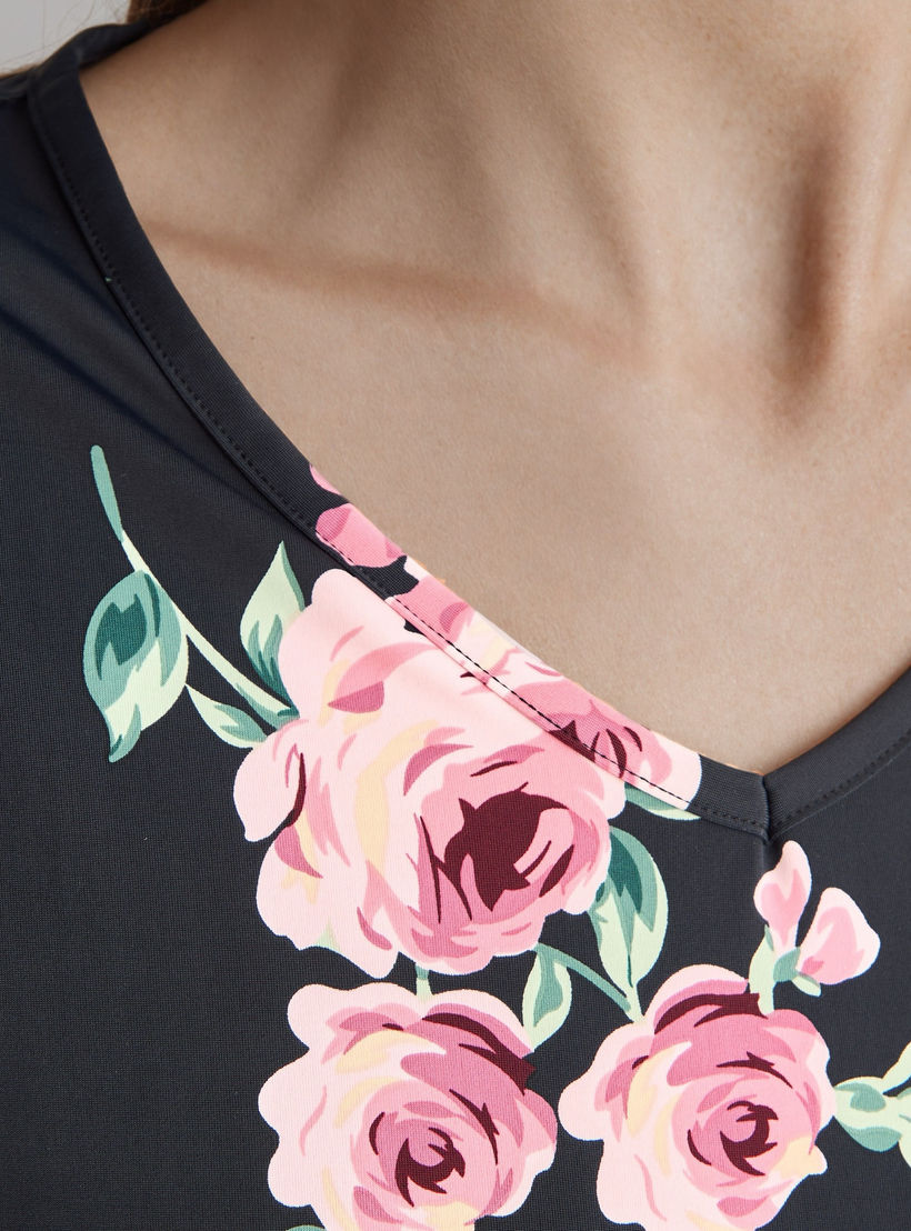 Floral Print V-neck Night Dress with Lace Sleeve-women-clothing-nightwear-nighties-image-4