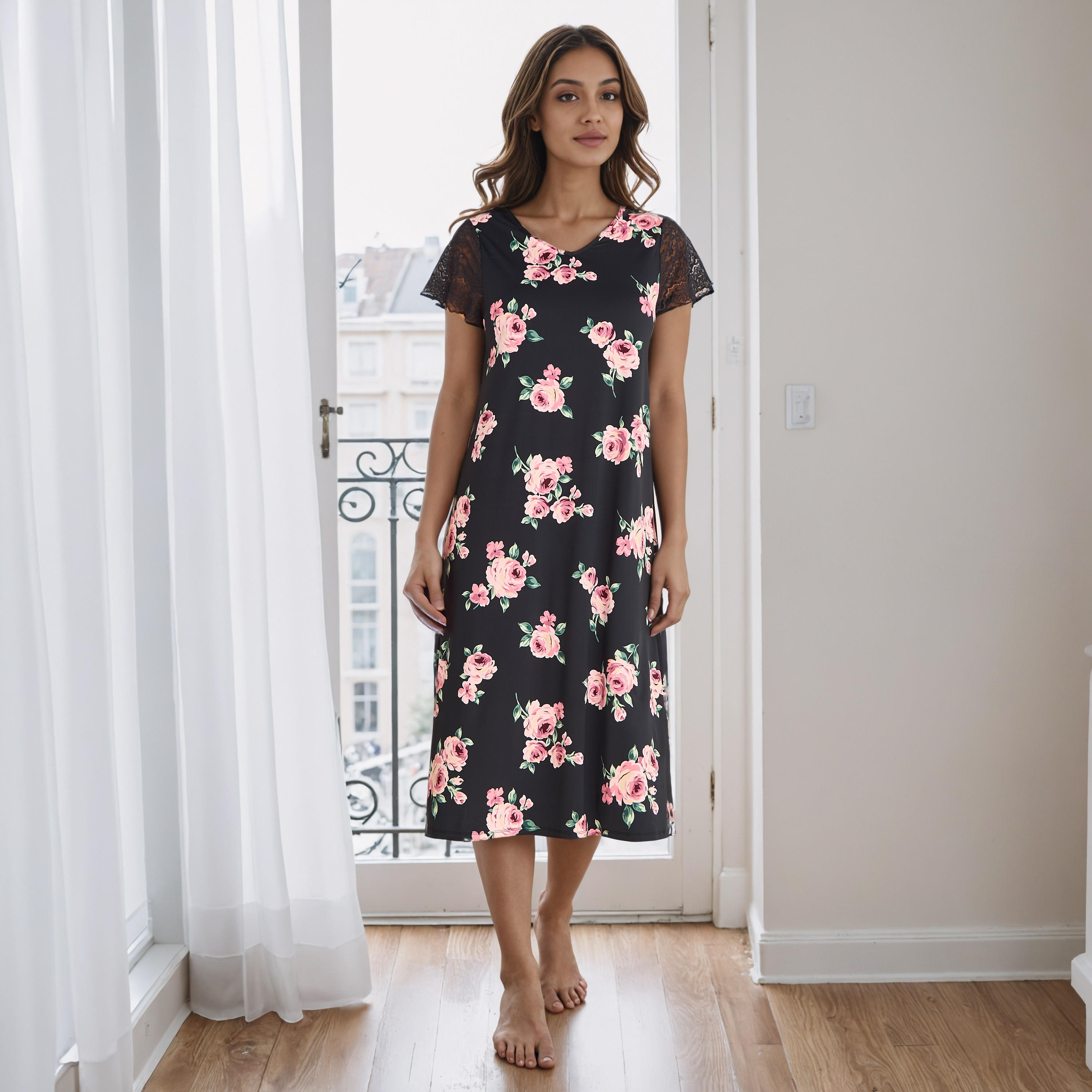 Floral Print V-neck Night Dress with Lace Sleeve-women-clothing-nightwear-nighties-image-5