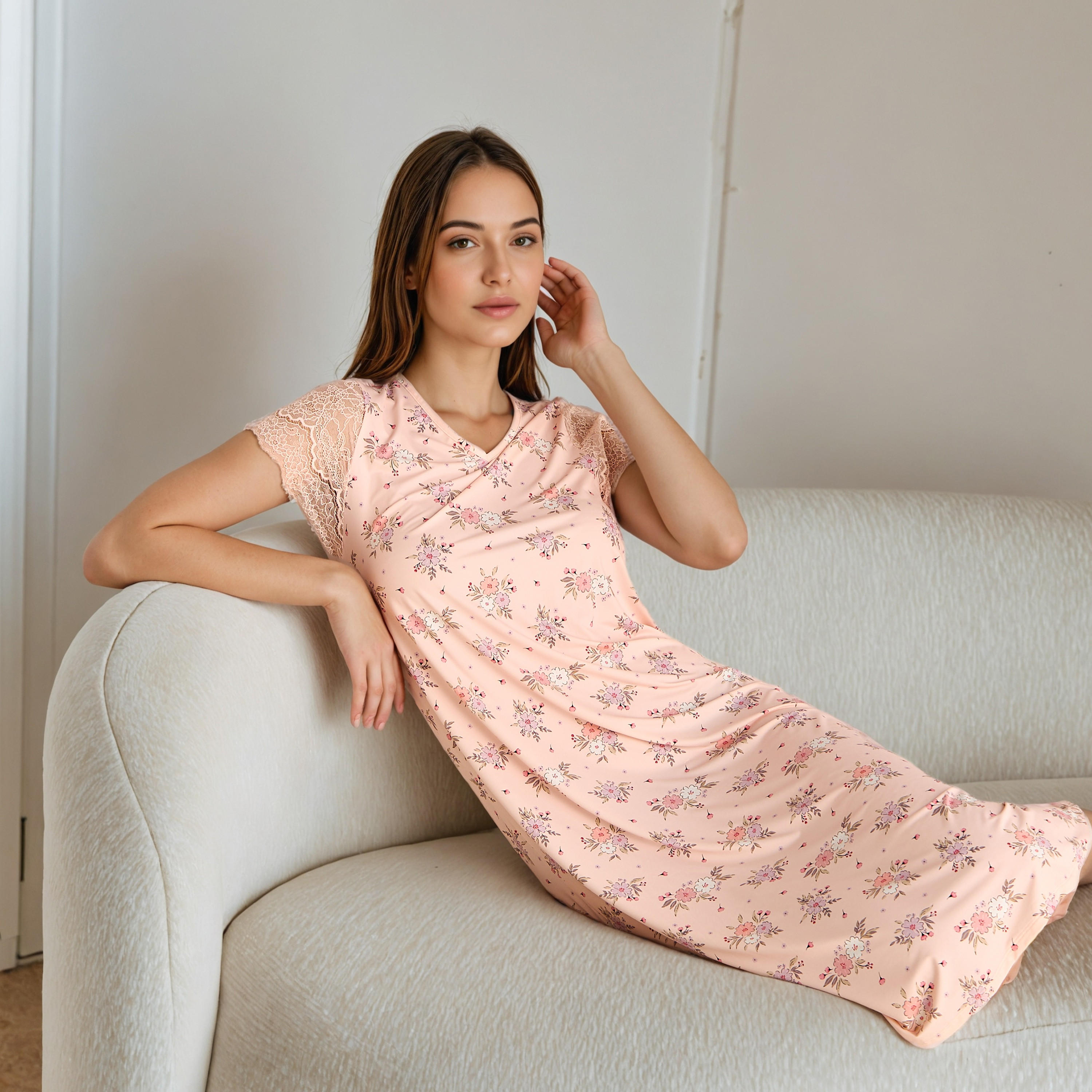 Floral Print V-neck Night Dress with Lace Sleeve-women-clothing-nightwear-nighties-image-1