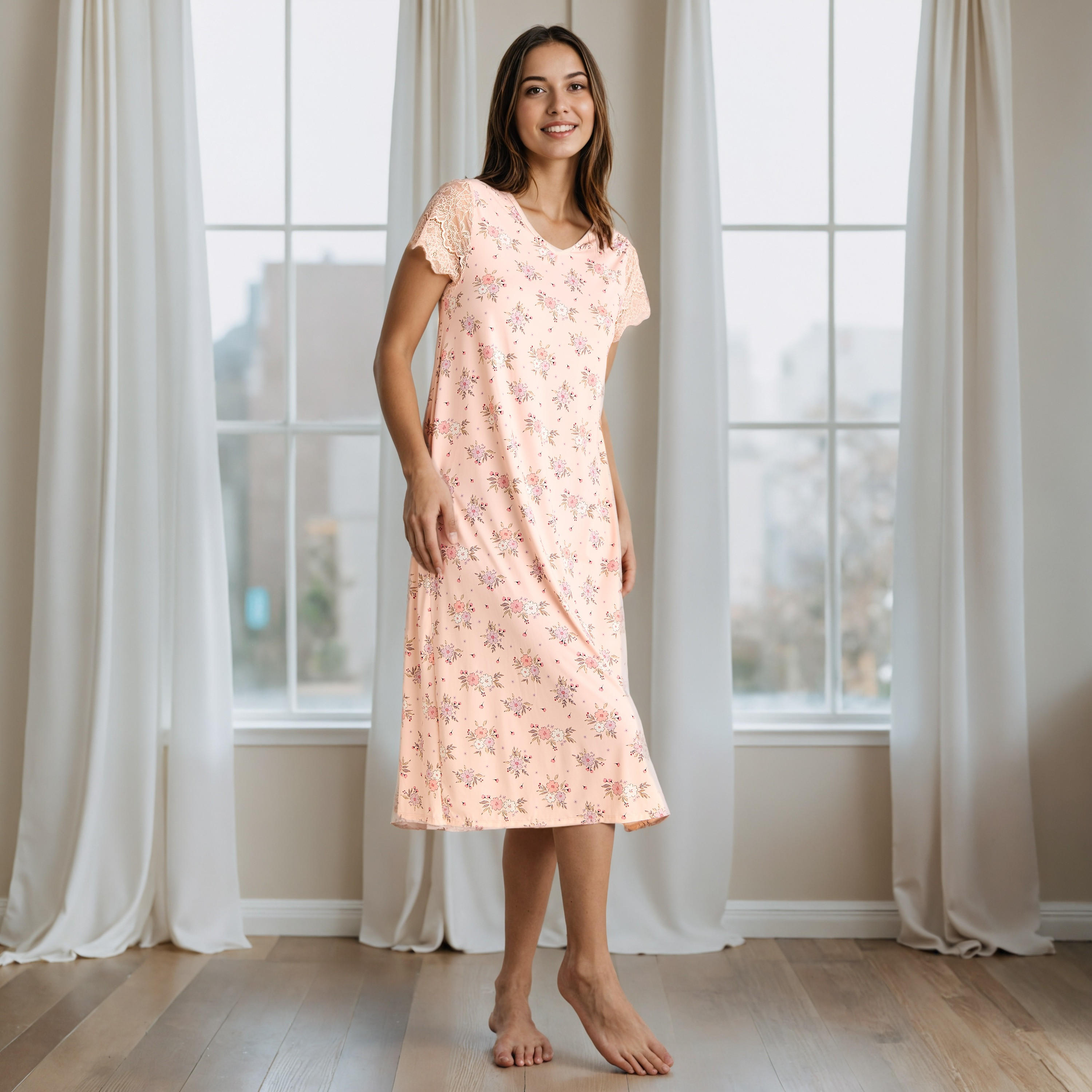 Floral Print V-neck Night Dress with Lace Sleeve-women-clothing-nightwear-nighties-image-5
