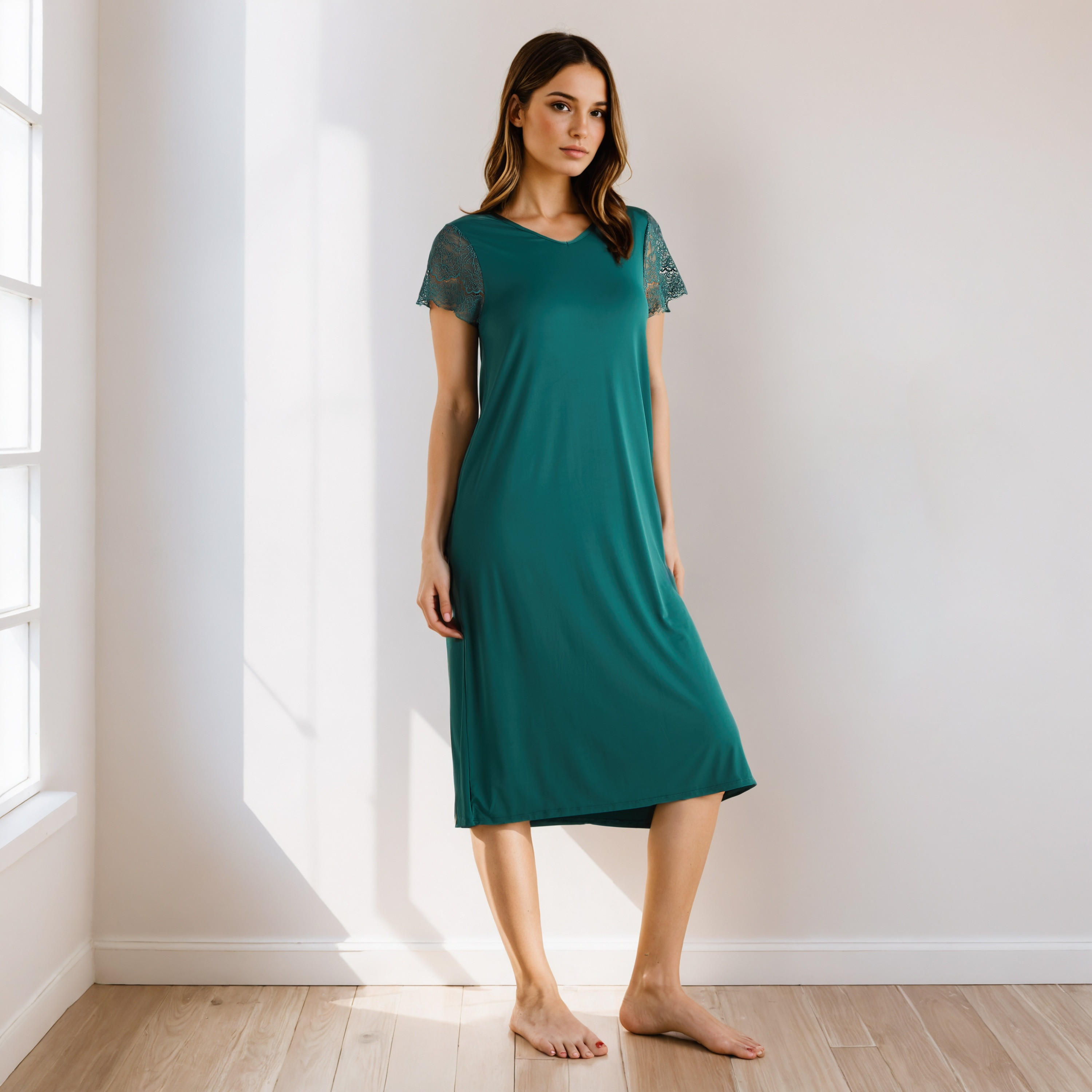 V-neck Night Dress with Lace Sleeve-women-clothing-nightwear-nighties-image-5