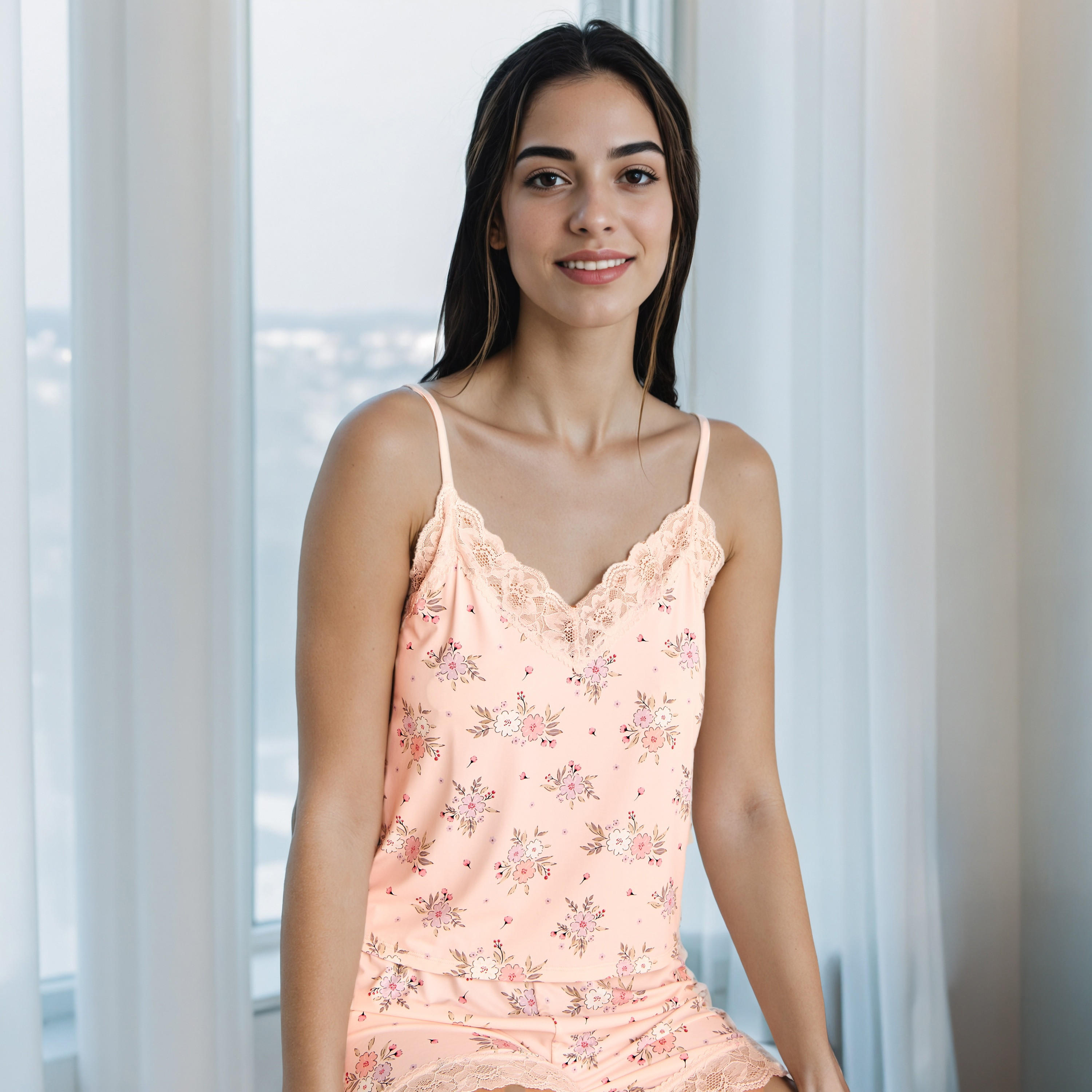 طقم شورتا بطبعات زهرية وحافة دانتيل-women-clothing-nightwear-pyjamas-shortsets-image-2