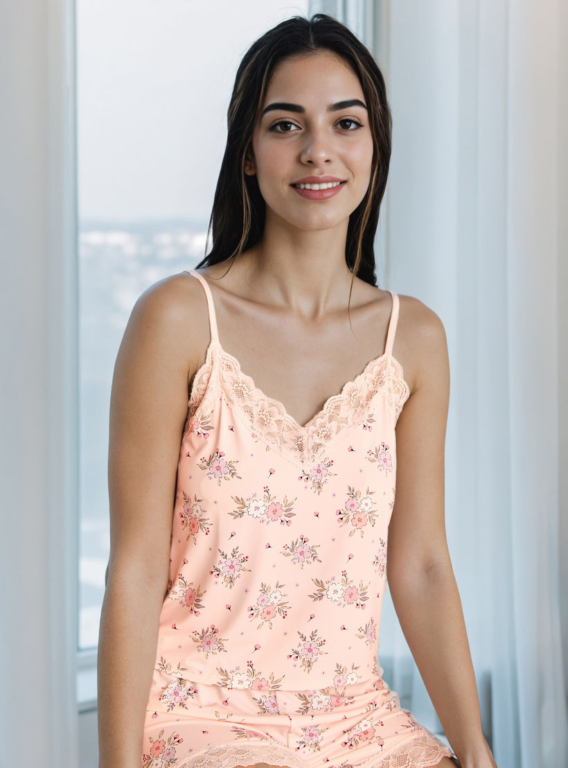طقم شورتا بطبعات زهرية وحافة دانتيل-women-clothing-nightwear-pyjamas-shortsets-image-2