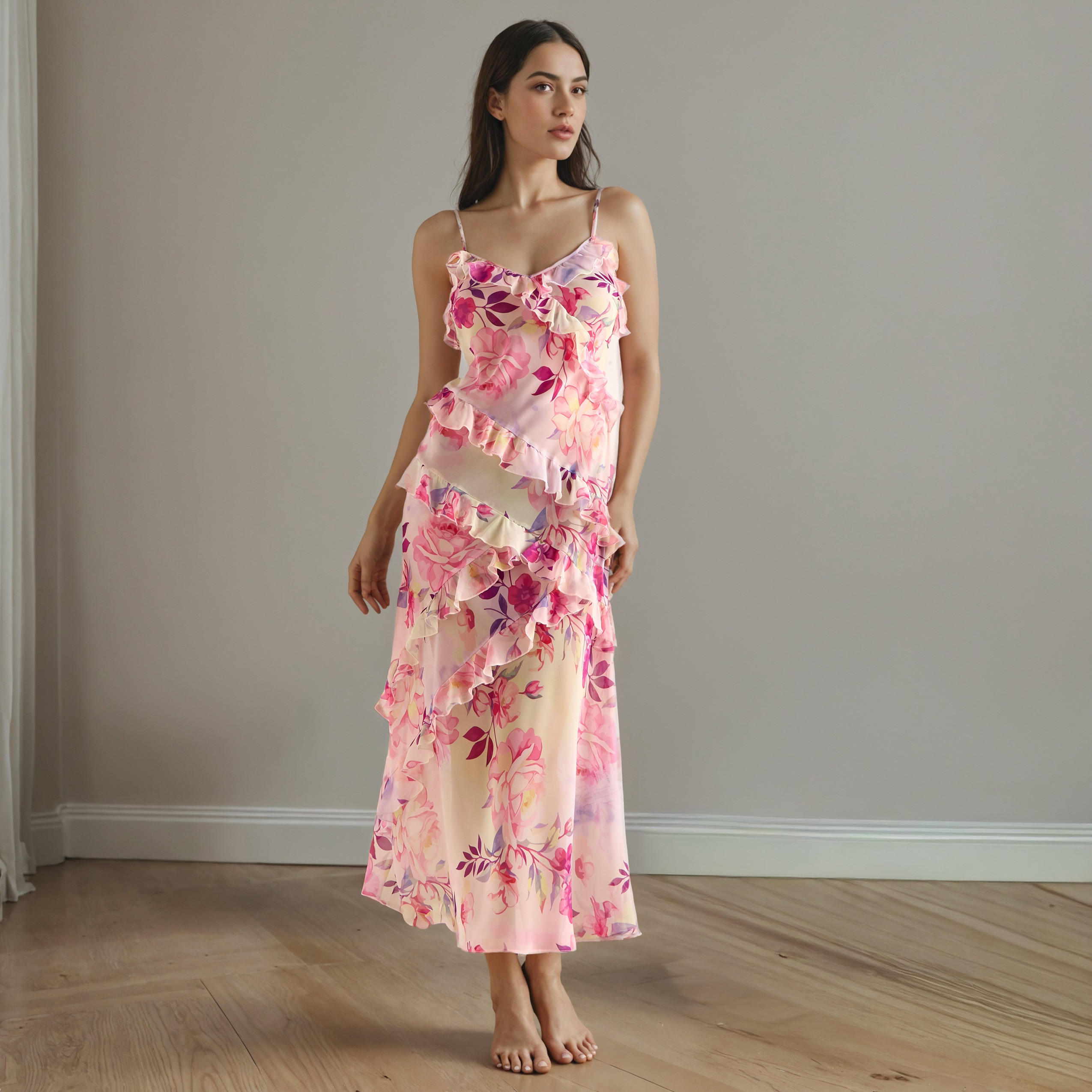 فستان سهل الارتداء بياقة V بطبعات زهور مع كشكش-women-clothing-nightwear-nighties-image-1