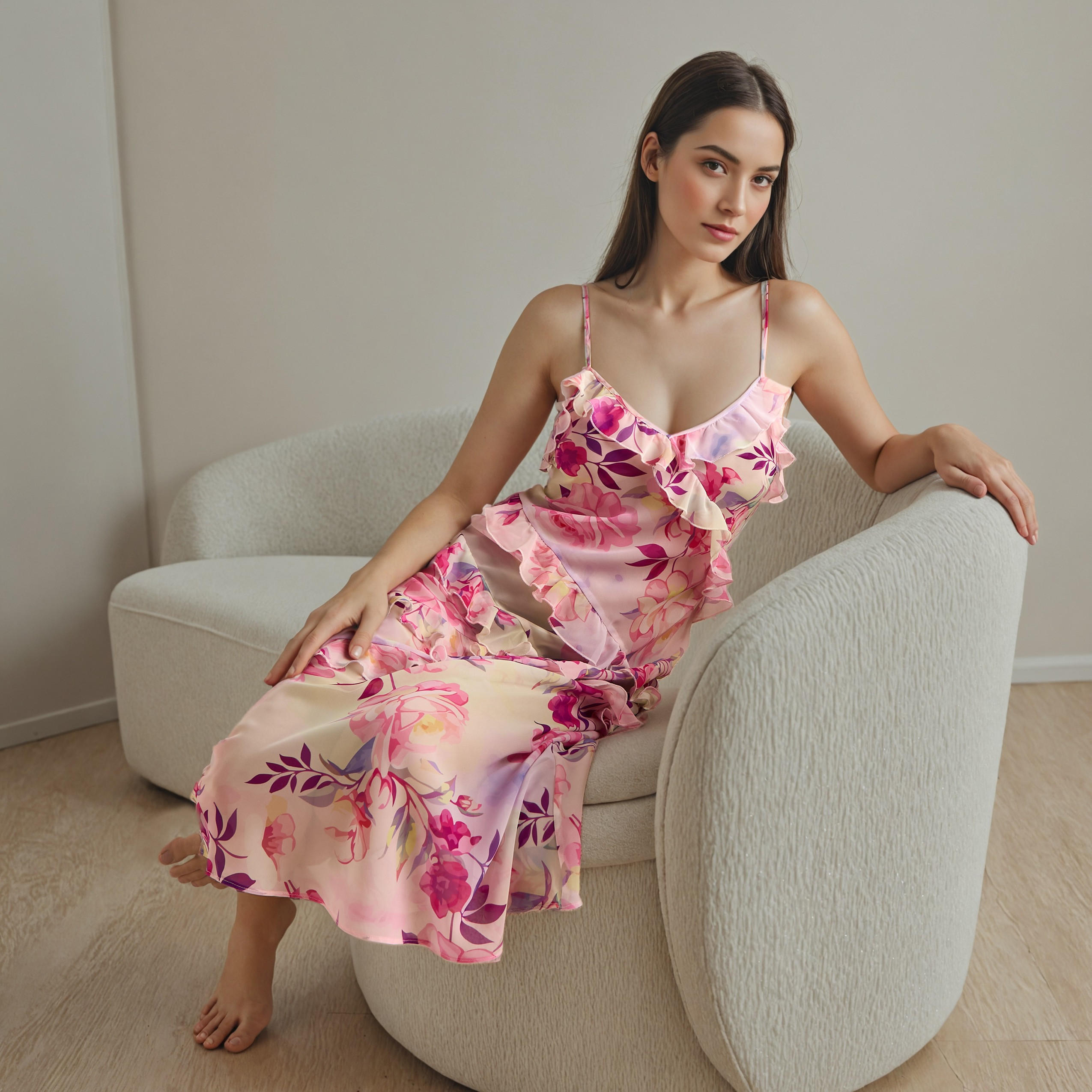 فستان سهل الارتداء بياقة V بطبعات زهور مع كشكش-women-clothing-nightwear-nighties-image-2