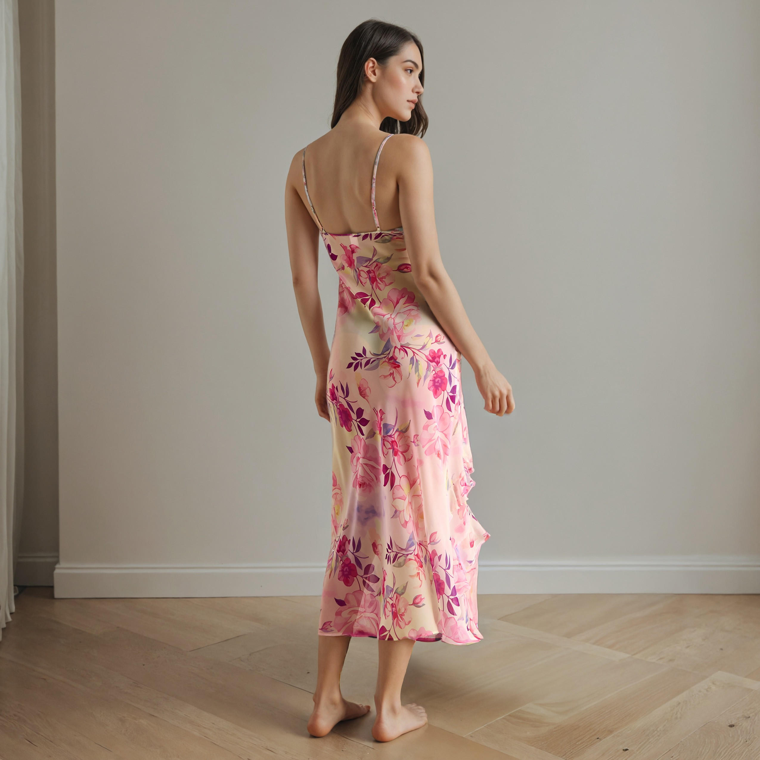فستان سهل الارتداء بياقة V بطبعات زهور مع كشكش-women-clothing-nightwear-nighties-image-3