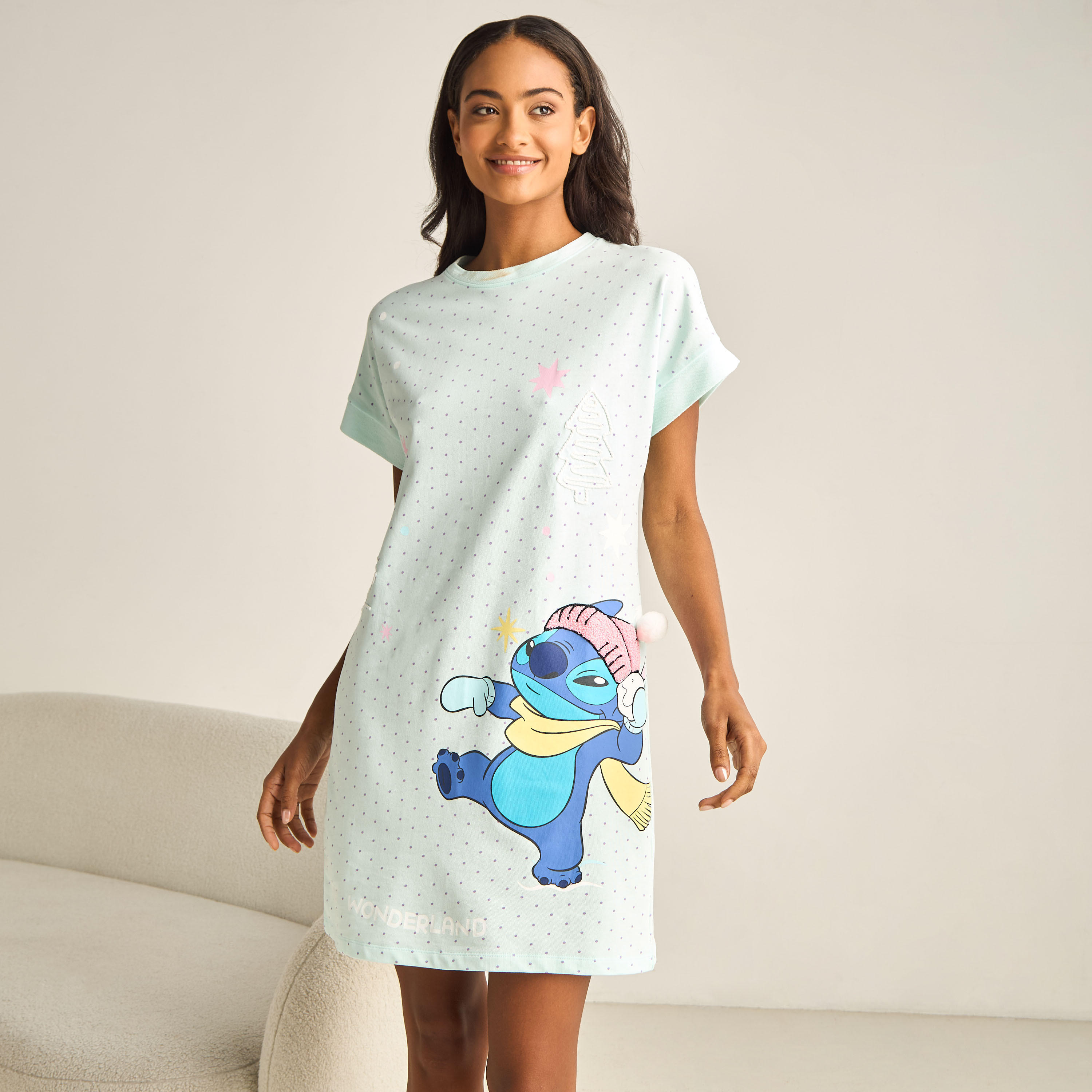 Stitch Print Nighty Cotton with Crew Neck-women-clothing-nightwear-nighties-image-1